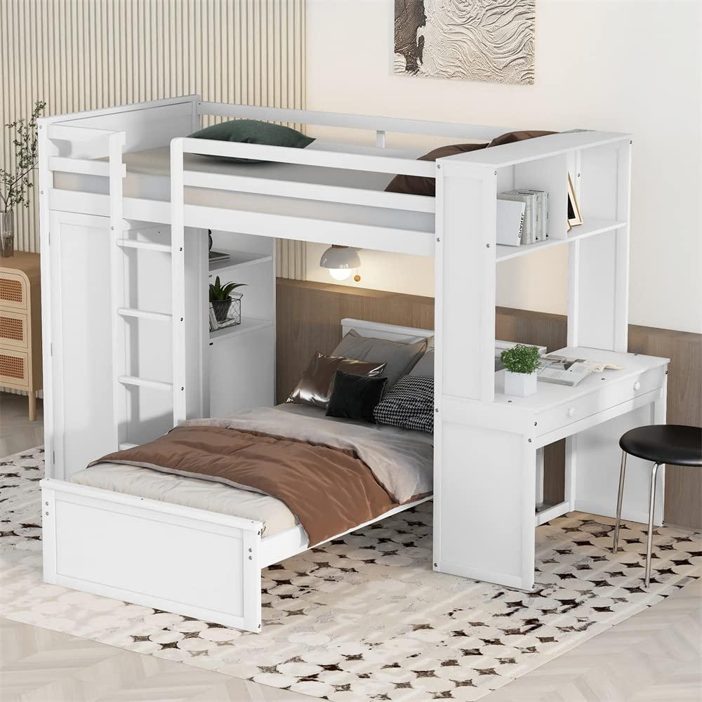 TRIPLE TREE Loft Bed Twin Size, Wood Loft Bed Frame with a Stand-Alone Bedframe, Shelves, Desk and Wardrobe for Teens, Girls and Boys, Save Space Bunk Bed, 2 Beds in 1 Multifunctional Bed Frame, White