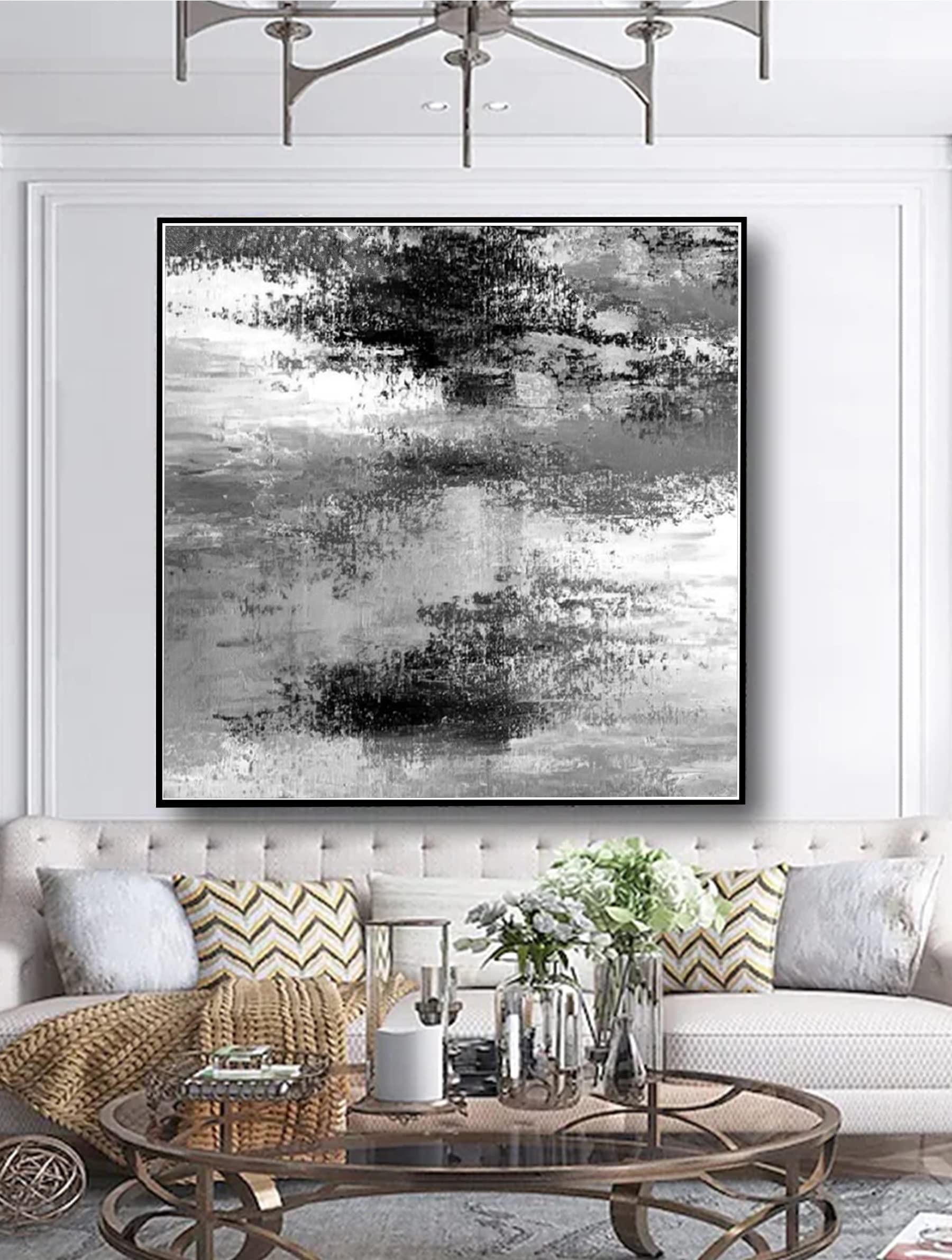 HomeLoft Basics Hand Painted Black White Abstract Oil Paintings on Canvas Wall Art For Living Room Bedroom Wall Decor Minimalist Painting 60x60 inch