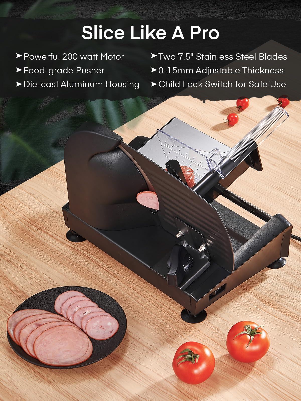 FOHERE FOHERE Meat Slicer for Home Use, 200W Electric Deli Food Slicer with Removable Two 7.5 Blades, 0-15 Precise Thickness Knob Cut Deli Food, Meat Ham Bread Fruit, Include Food Carriage, Black
