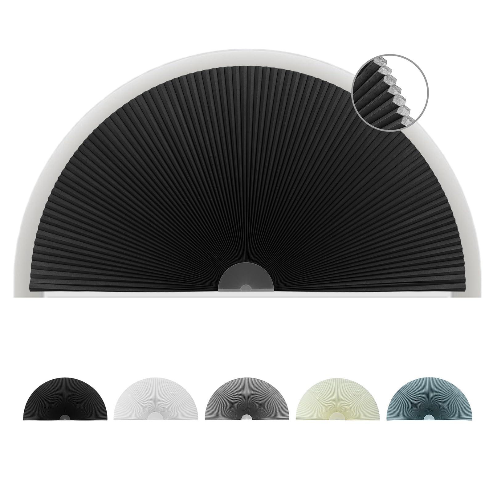 ChYoung Arch Window Shade Blackout, Stick on Cellular Shades Cordless No Drill Honeycomb Blinds, Thermal Insulated UV Protection Fabric Half Circle Window Coverings Room Darkening Shades (Black, 48"W x 24"H)