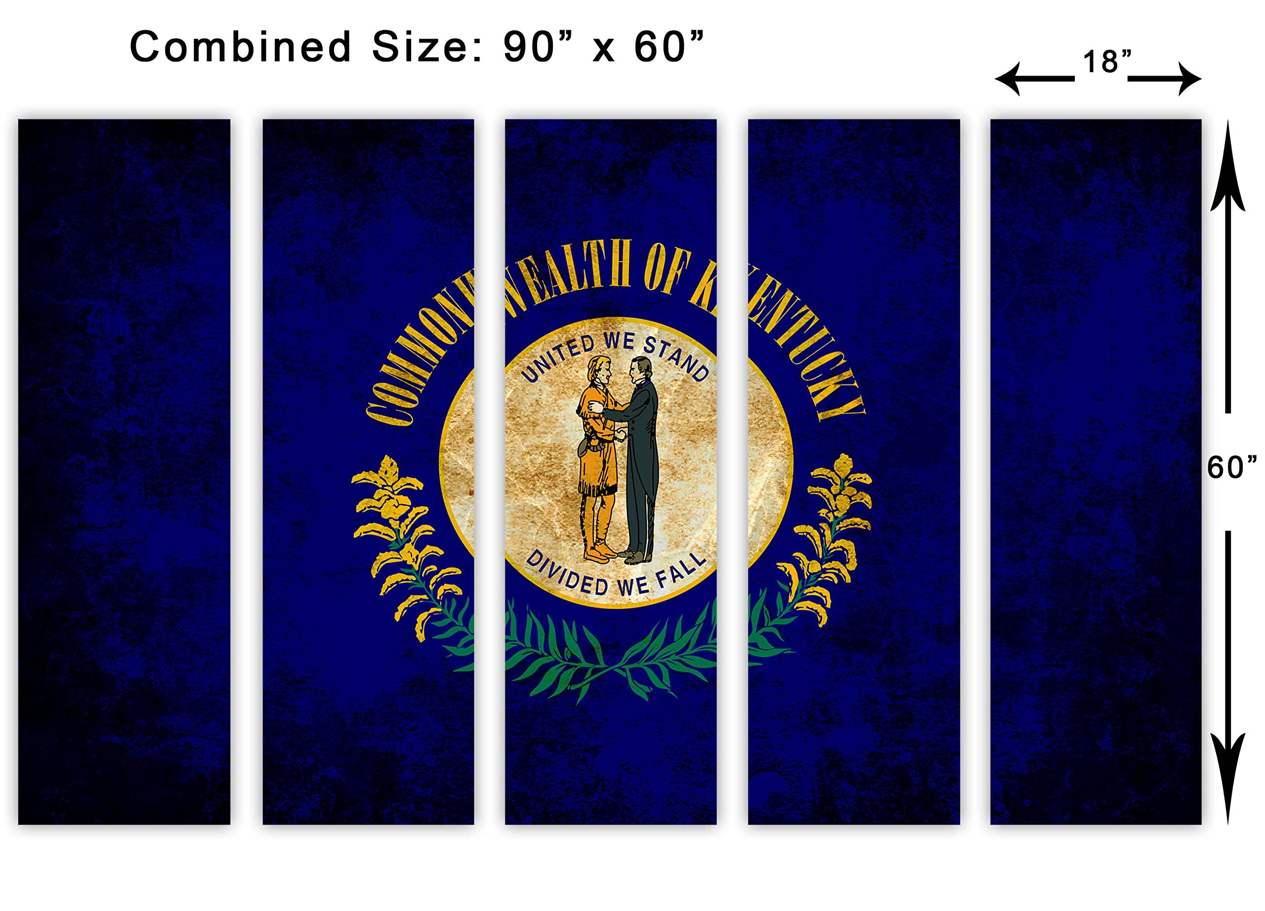 Canvas Quest 90 x 60 TOTAL - Kentucky State Flag Grunge Canvas Print Wall Art - 5 Panel Split. Home decor Flag Art