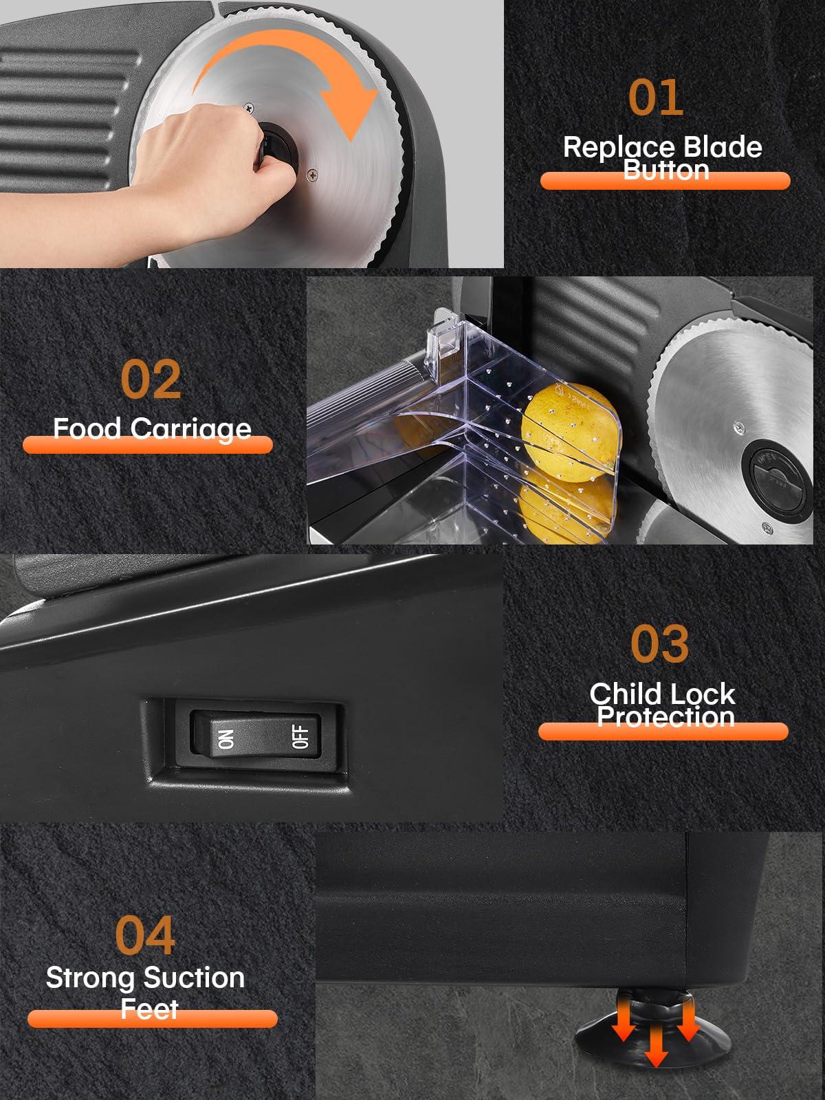 FOHERE FOHERE Meat Slicer for Home Use, 200W Electric Deli Food Slicer with Removable Two 7.5 Blades, 0-15 Precise Thickness Knob Cut Deli Food, Meat Ham Bread Fruit, Include Food Carriage, Black