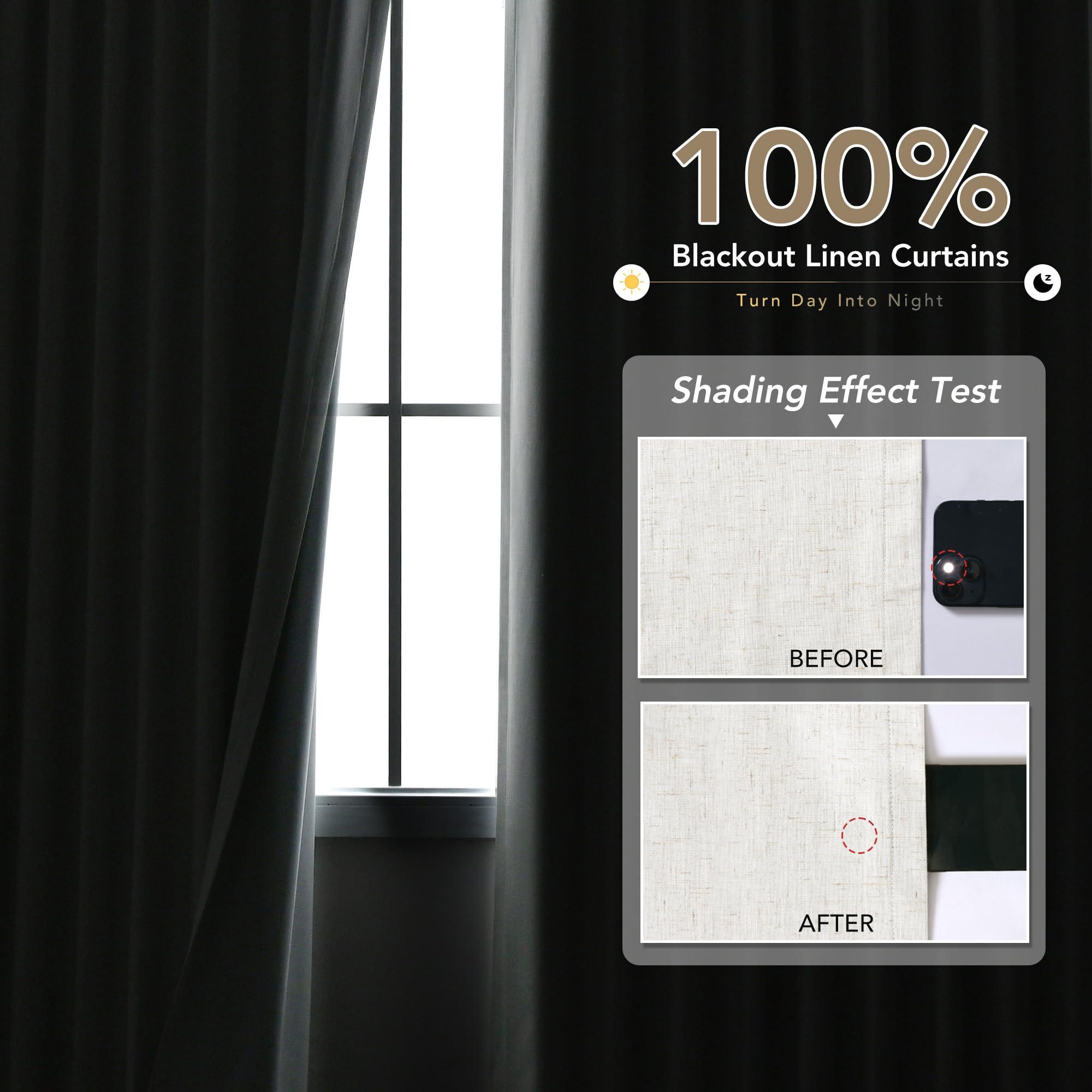 Nanspring Linen Black Out Curtains 96 Inch Long Grommet Living Room Darkening Window Curtain Panel Extra Long Natural Earth Tone Farmhouse Style Thermal Insulated Blackout Curtains for Bedroom 96 Inches Long