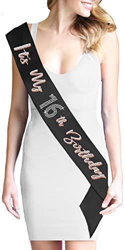 RhinestoneSash Sweet 16 Decorations - Glitter & Rhinestone It's My 16th Birthday! Premium Satin Sash - 16th Birthday Party Supplies - Black