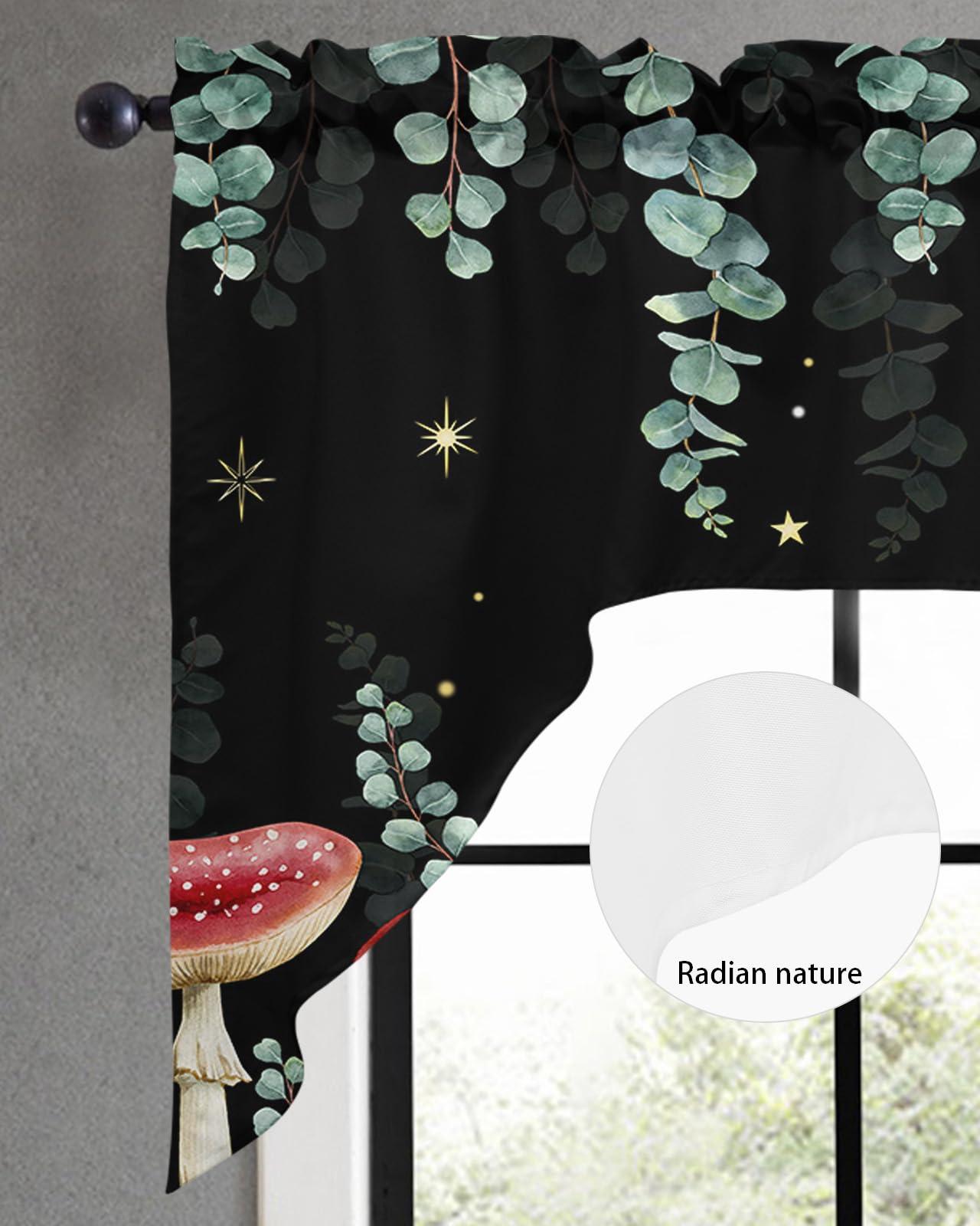 Onekaccu Mushroom Eucalyptus Swag Valances for Kitchen Window, Swag Curtains Drapes for Bedroom Bathroom Over Sink Floral Leaf Stars Moon Black Backdrop Rod Pocket Window Treatment Decor Valances, 56x36 Inch