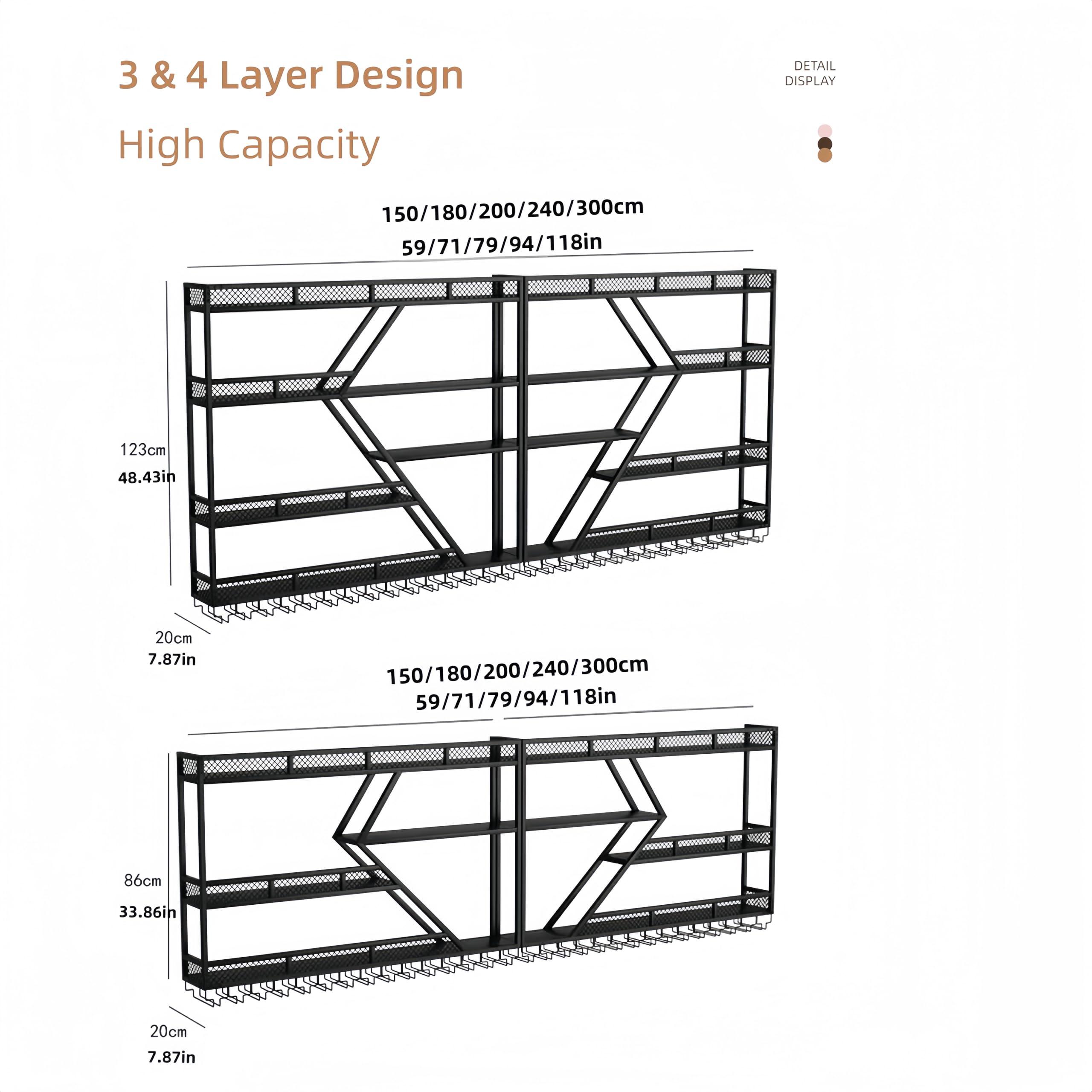 HFTUW HFTUW Modern Wall Mounted Wine Rack w/LED Light, Metal Wall Bar Shelves Wall Mounted w/Glass Holder, Large Liquor Shelf for Liquor Bottles for Home Bar & Dining Room(Gold-Yellow Led, 79in/200cm)