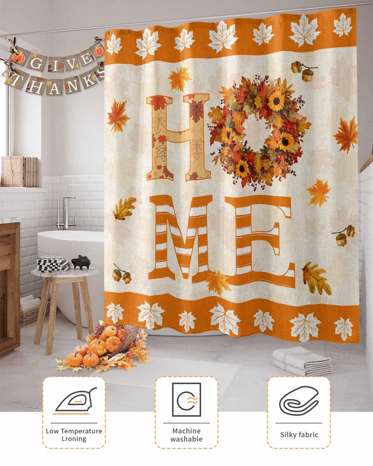Yukro Fall Home Shower Curtain 36x72 Inch, Thanksgiving Farmhouse Maple Leaves Waterproof Bath Curtain with 12 Hooks, Home Marple Leaves Washable Polyester Wrinkle Free Shower Curtains for Bathroom Decor