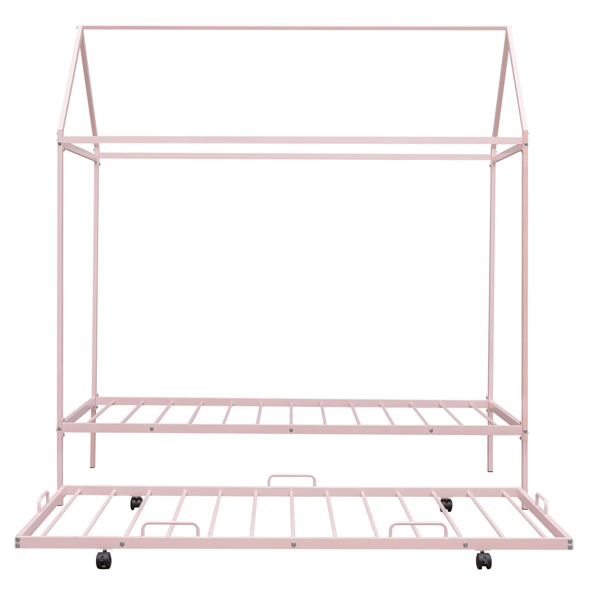 SkVLf Twin House Bed with Trundle, Bedroom Montessori Beds Metal 4 Poster Canopy Bed Frame Compatible with Dormitories Bedroom Teens, No Spring Box Needed, Twin Size Pink Queen Bed