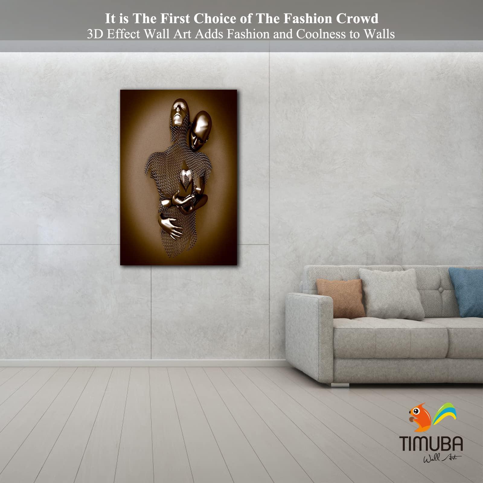 TIMUBA 3D Wall Art - Silver Gold Hugging Couple Wall Design, 3D Effect Love Metallic Art Print on Canvas for Bedroom Wall Decor, Modern Abstract Kissing Framed Art Pictures for Valentine's Gift 28x40 Inches