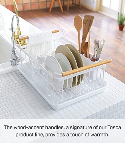 YAMAZAKI Yamazaki Home Dish Rack with Removeable Drainer Tray, Kitchen Counter Dish Drying Organizer Holder Steel + Wood One Size White