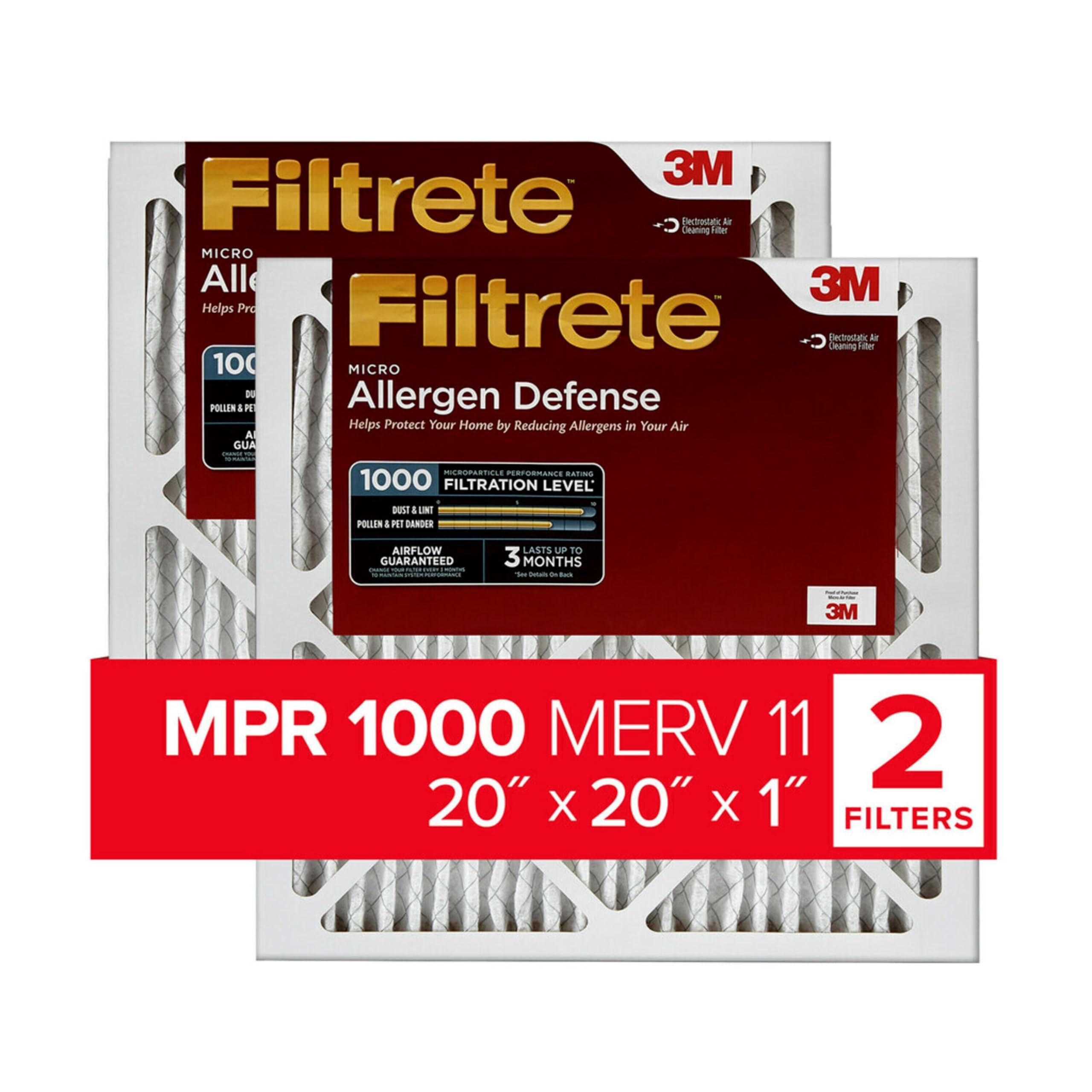 Filtrete Filtrete 20x20x1 AC Furnace Air Filter, MERV 11, MPR 1000, Micro Allergen Defense, 3-Month Pleated 1-Inch Electrostatic Air Cleaning Filter, 2 Pack (Actual Size 19.719 x 19.719 x 0.84 in)
