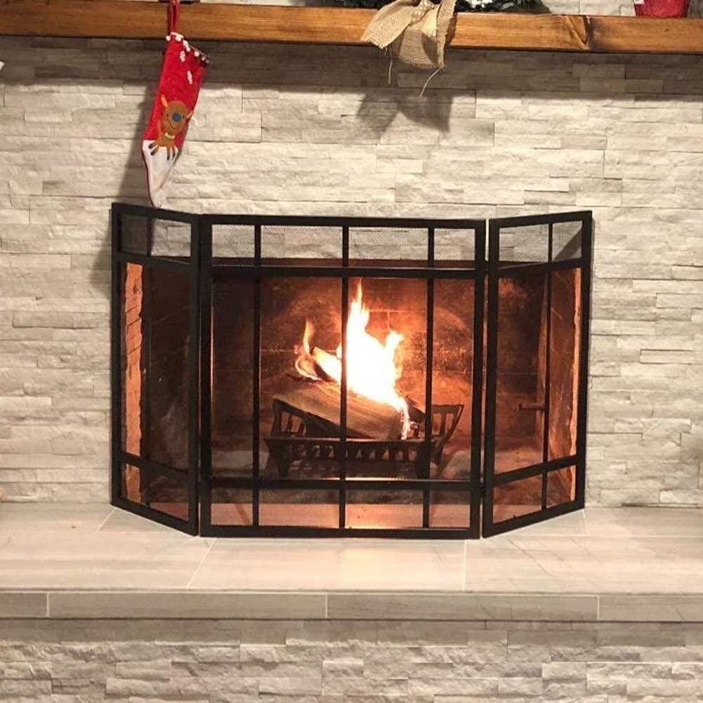 RsFiL Fireplaces Spark Protection?Fireplace Screen Modern Style 3-Panel, Black Steel Fire Guard with Mesh Cover, Baby Safety Proof Fence, Wide 51.6 Inch X Tall 31.5 Inch Feito na China