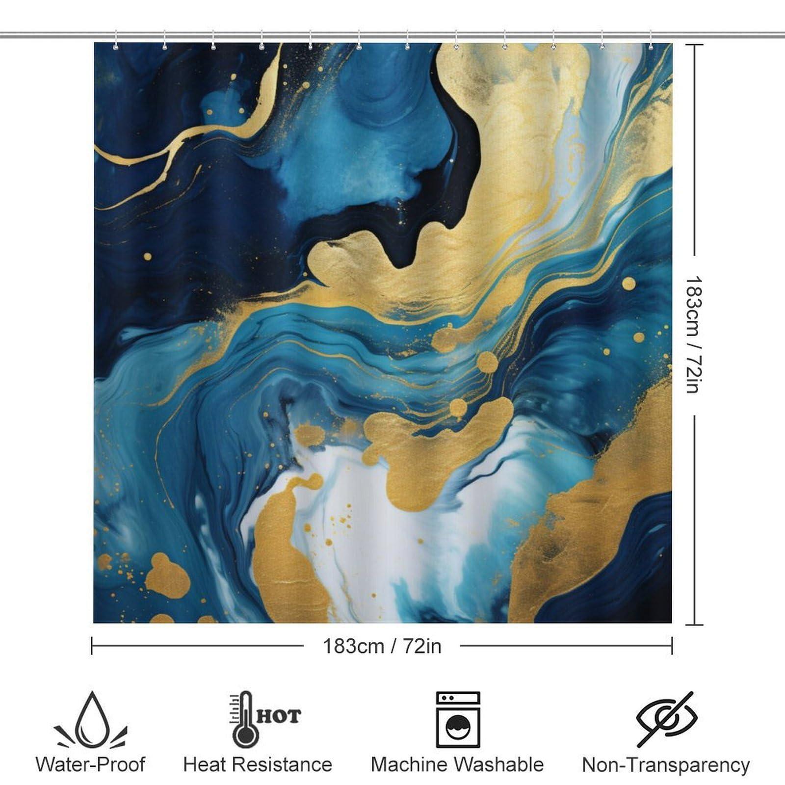 Dunmat Scandinavian Style Marble Shower Curtain 4 Piece Sets with Non-Slip Rugs,Toilet Lid Cover And Bath Mat Navy Blue Gold Fluid Abstract Modern Waterproof Shower Curtain with 12 Hooks Bathroom Set Home De