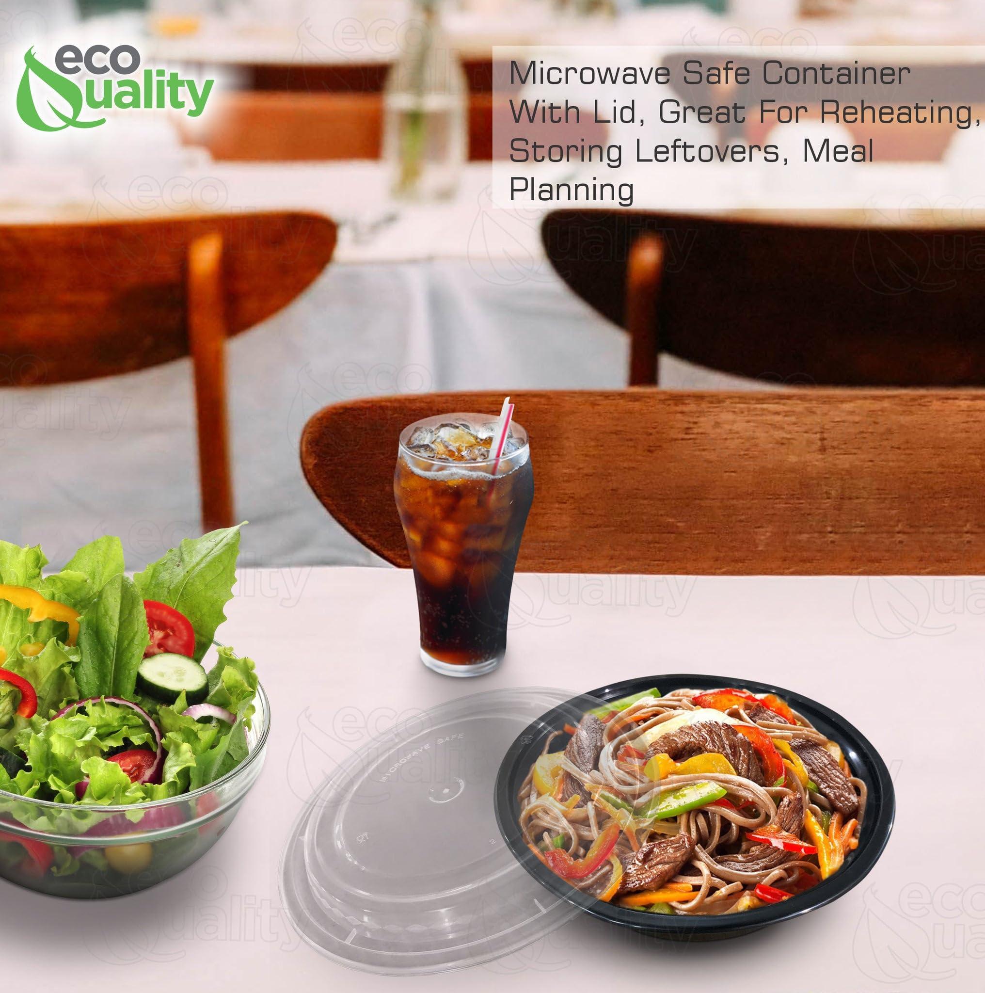 EcoQuality 24 oz Plastic Meal Prep Containers with Lids - Round Food Storage Container Microwave Safe - BPA-Free, Stackable, Reusable, Dishwasher, Freezer Safe, Disposable (Black) (300)