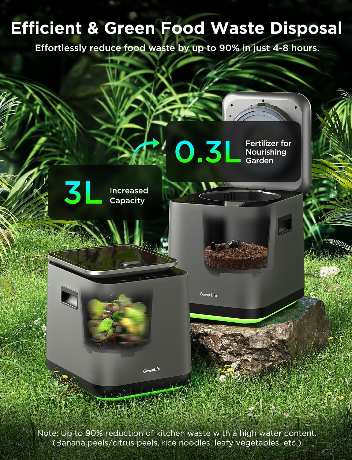 GoveeLife GoveeLife Smart Electric Composter for Kitchen, 3L Compost Bin Indoor Odorless with App & Voice Control, Auto-Cleaning, 3 Modes, Turn Food Waste to Fertilizer for Garden, Food Waste Compost Machine