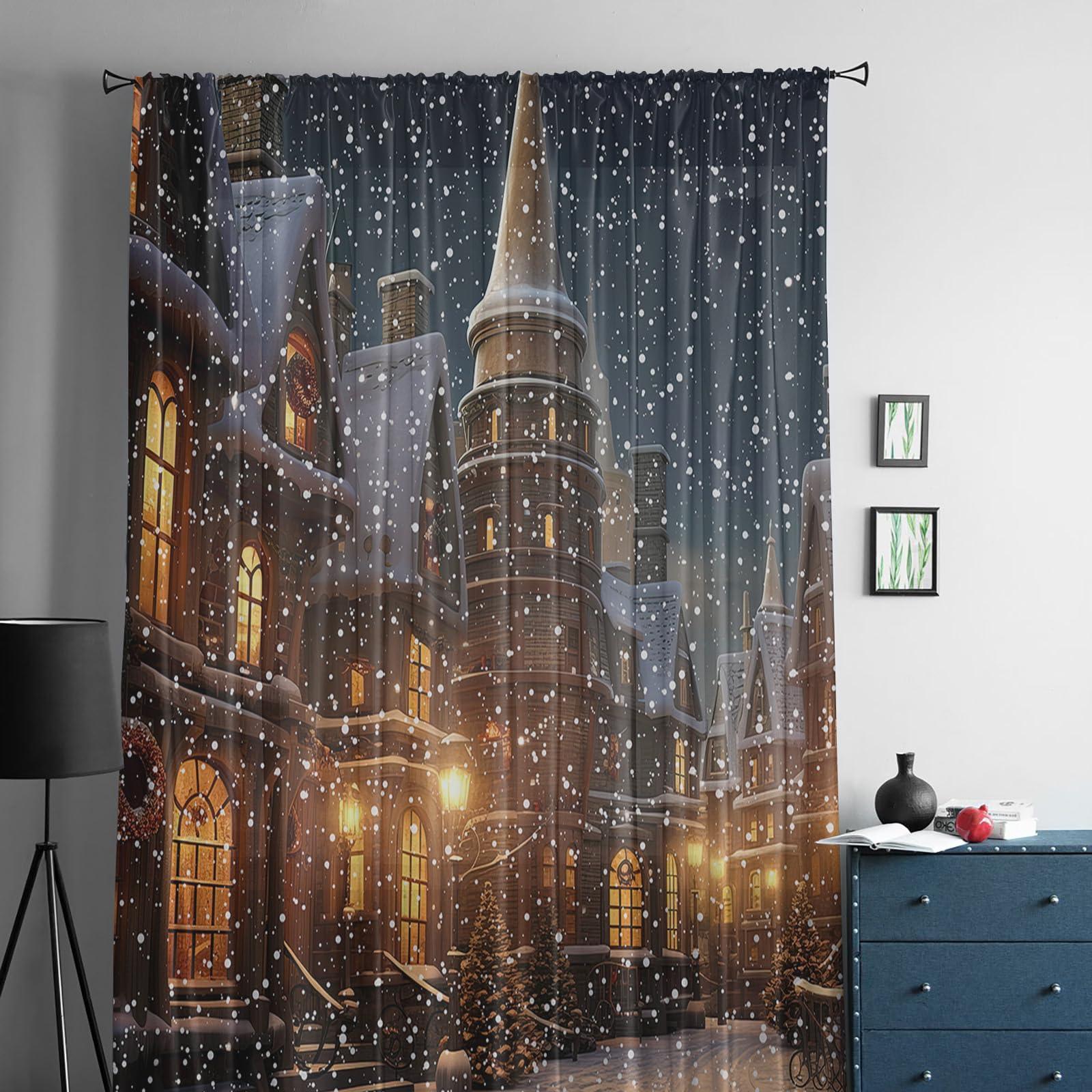 ZOE GARDEN Old World Town Window Curtains 54 Inches Long,Semi Sheer Rod Pocket Chiffon Curtains & Drapes Drapery Voile Draperies Window Treatment for Living Room/Bedroom,Christmas Historical Winter Street House