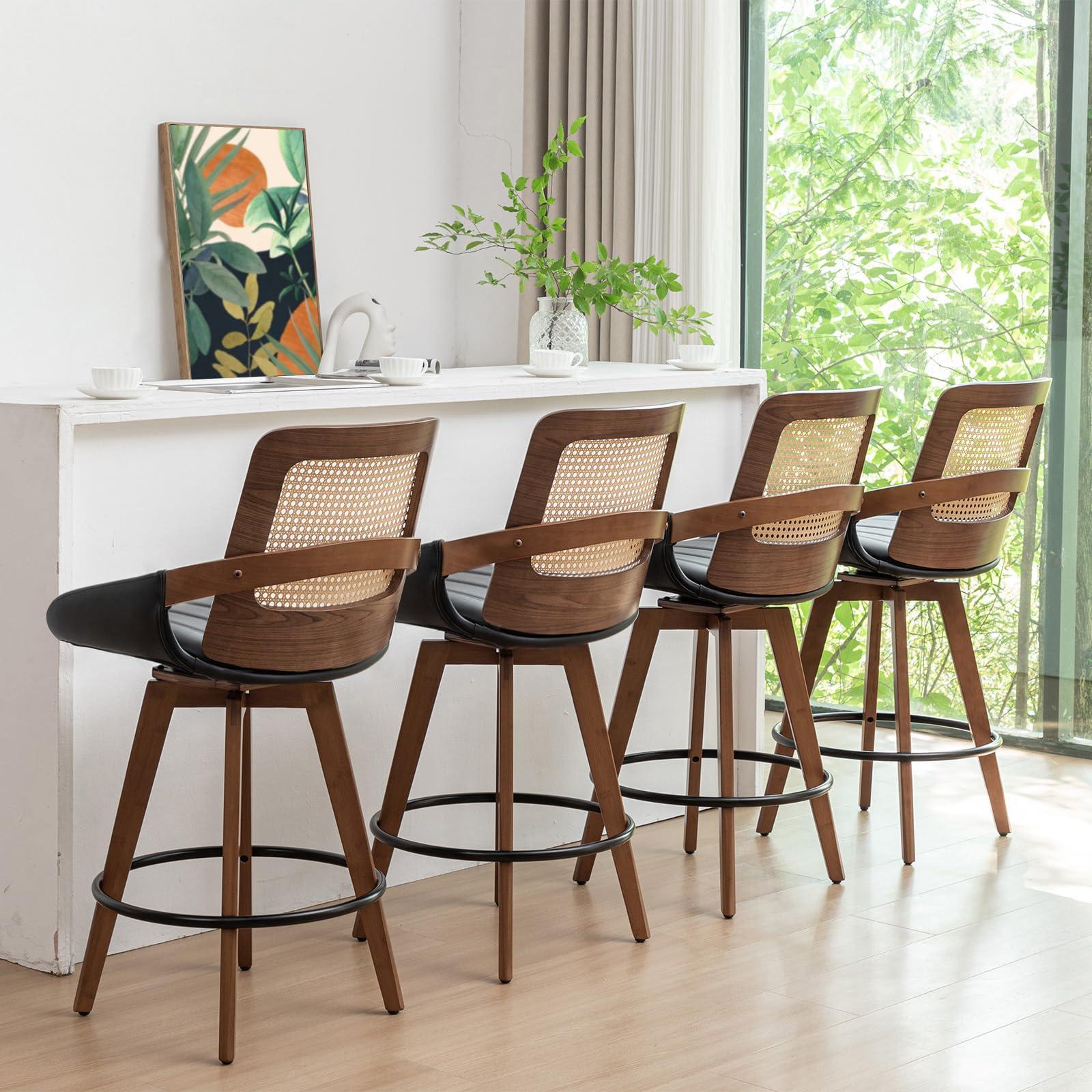 KUNZENT Set of 2 Swivel Rattan Counter Stools - 26.4 inch Mid Century Modern Bar Stools with Cane Back, Upholstered Seat, Curved Arms, Faux Leather Bar Stools for Kitchen/Island/Counter (Walnut Black)