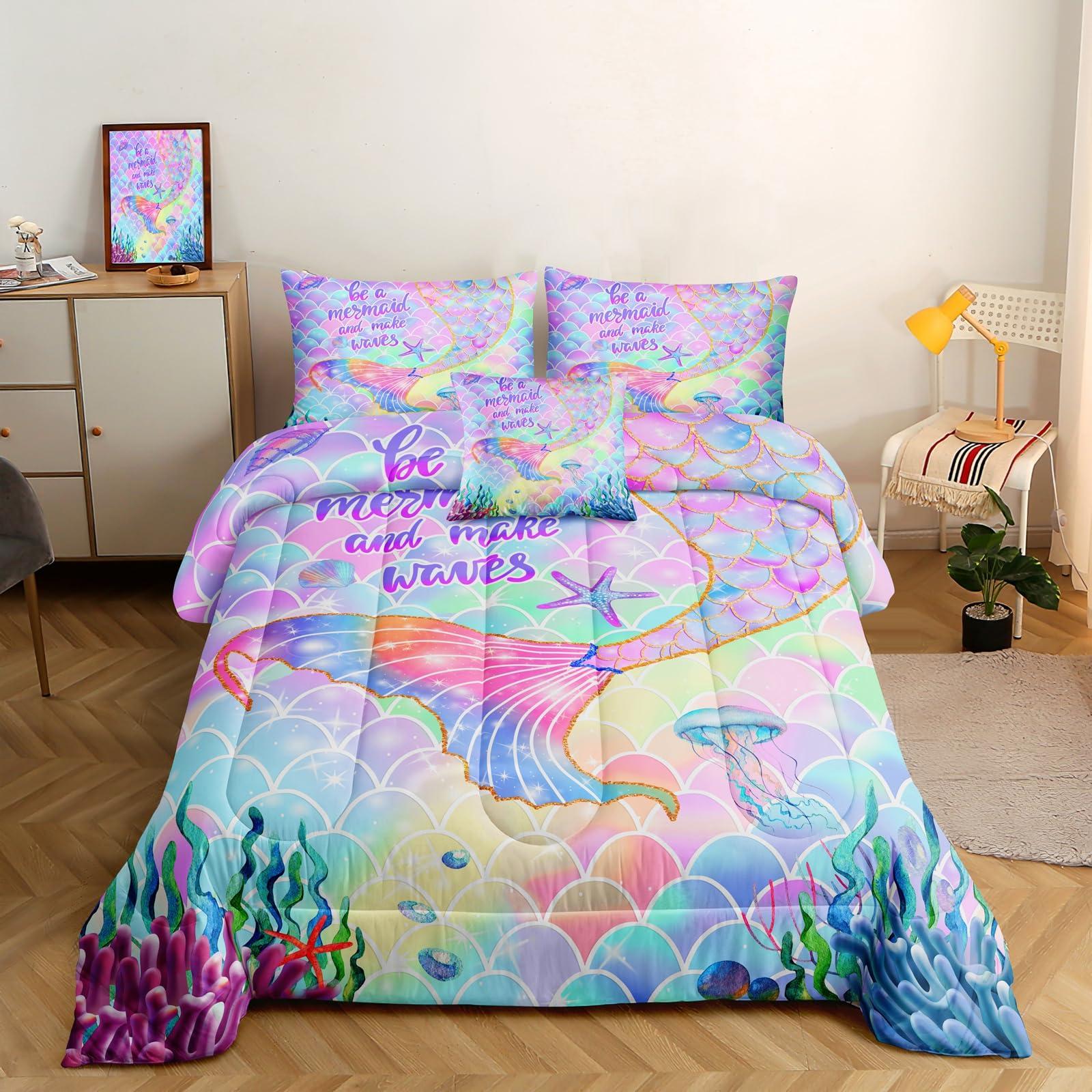 ROWADALO ROWADALO 5 Pieces Mermaid Scale Glitter Comforter Set Fish Scale Shell Starfish Girls Bedding Set,Gradient Rainbow Mermaid Tail Bed in A Bag Twin Size Complete Set for Girls Bedroom,MRY502-Twin