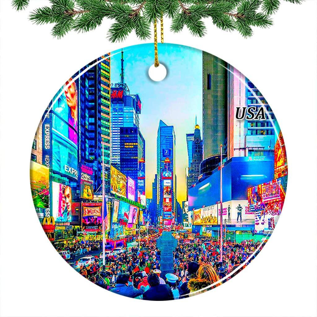 Generic USA New York Times Square Christmas Ornament 2022 Hanging Xmas Tree Pendant Decoration Double Sided Ceramic Souvenir Travel Gift 2.8 Inch