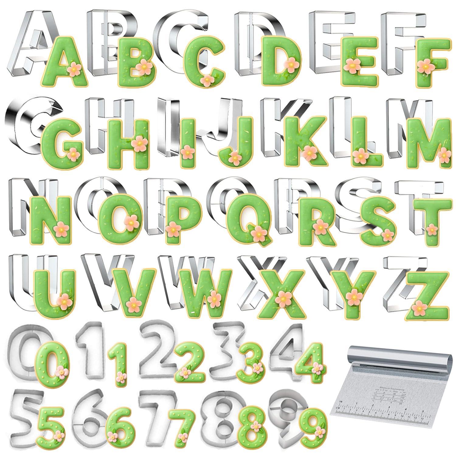 xify\'s xifys 36 Pcs Alphabet & Number Cookie Cutters, 2.5-3 Inch Assorted Sizes Stainless Steel Cookie Cutter Sets, Fondant & Dough Molds for Party Birthday Christmas, Fruit Cutting, Includes Steel Scraper