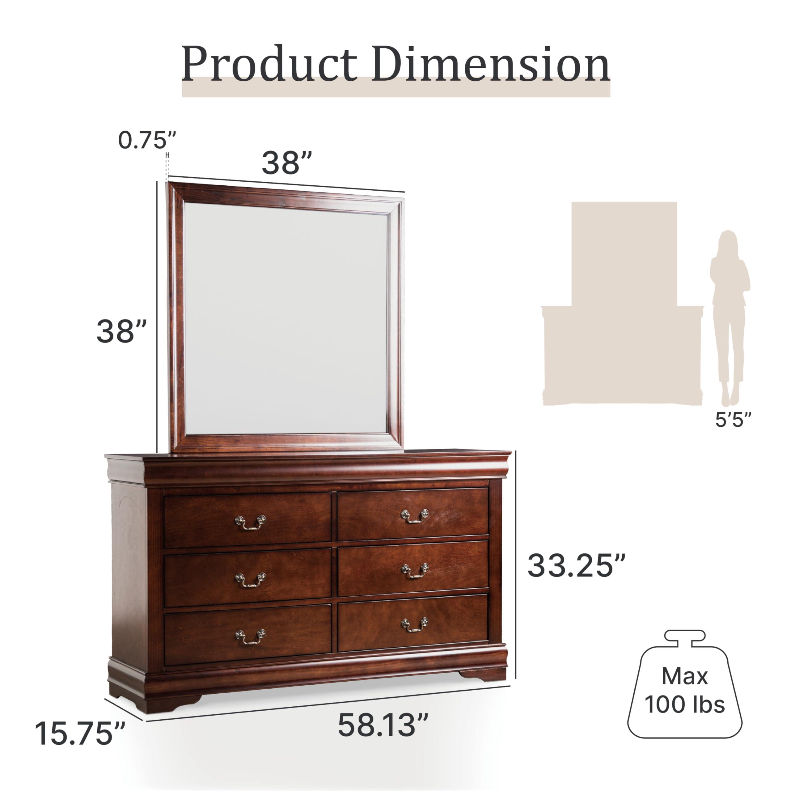 Furniture of America Furniture of America Louis Philippe Traditional Wooden 6 Drawer Dresser with Mirror, Vintage Bedroom Set, Accent Vanity Dressing Table with Antique Nickle Handles, Walk-in Closet, Standard, Cherry