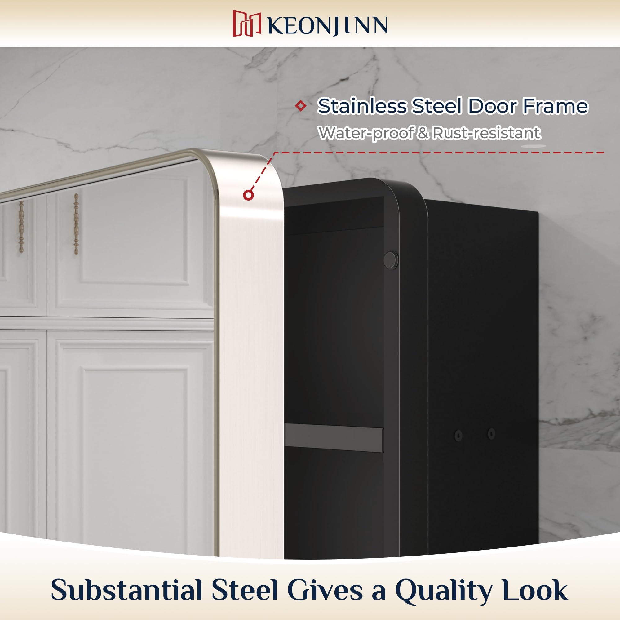 Keonjinn Keonjinn 16 x 24 Inch Brushed Nickel Medicine Cabinets for Bathroom with Mirror Stainless Steel Framed Rounded Rectangle Adjustable Shelves Modern Recessed Silver Medicine Cabinet for Bathroom Storage