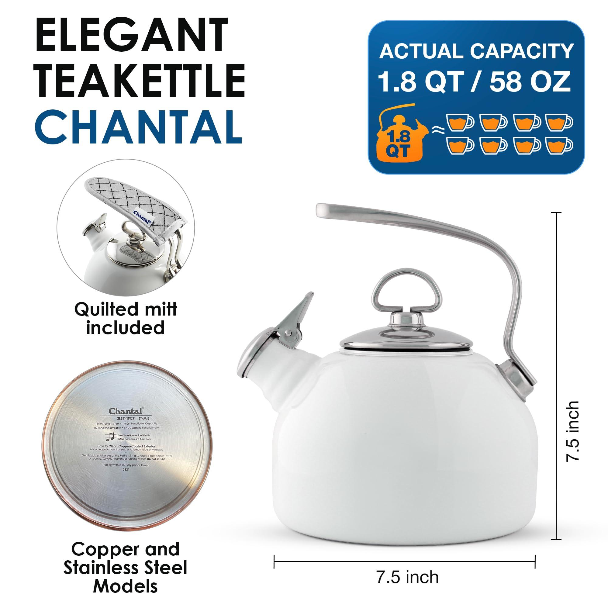 Chantal Chantal Classic Teakettle, 1.8 QT, Enamel On Steel, 2-Tone Harmonica Whistle, Rapid Boil and Even Heating (White)