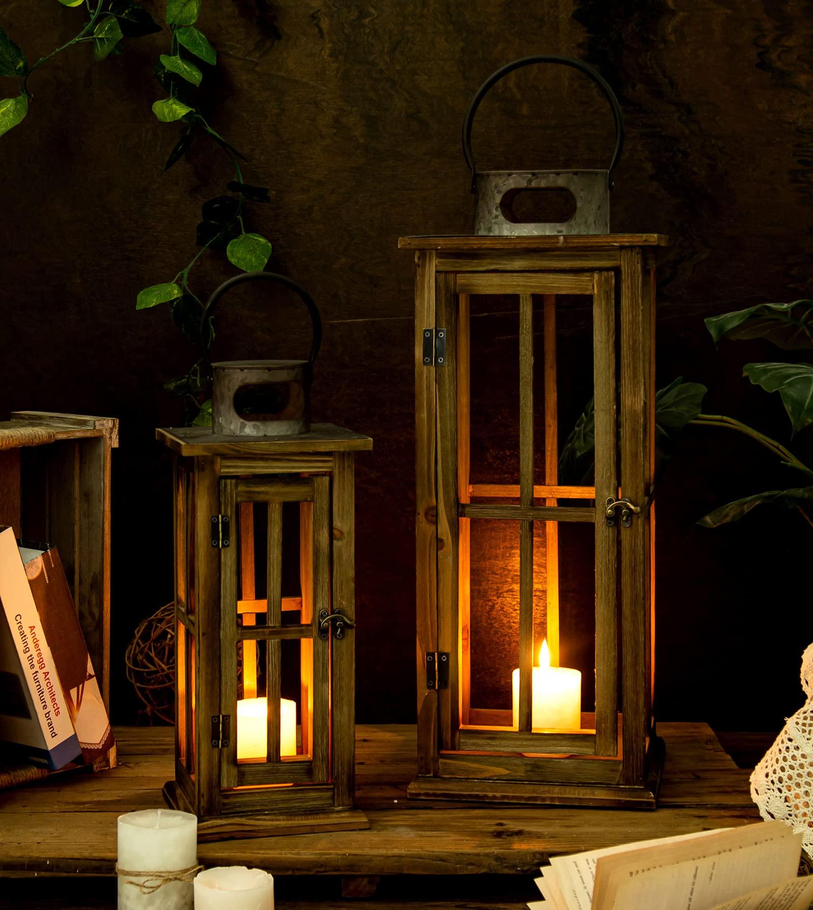 TIMRIS TIMRIS Large Farmhouse Wooden Metal Lantern Set of 2, Rustic Decorative Floor Candle Lanterns, Vintage Distressed Hanging Lanterns for Home Dcor (No Glass)