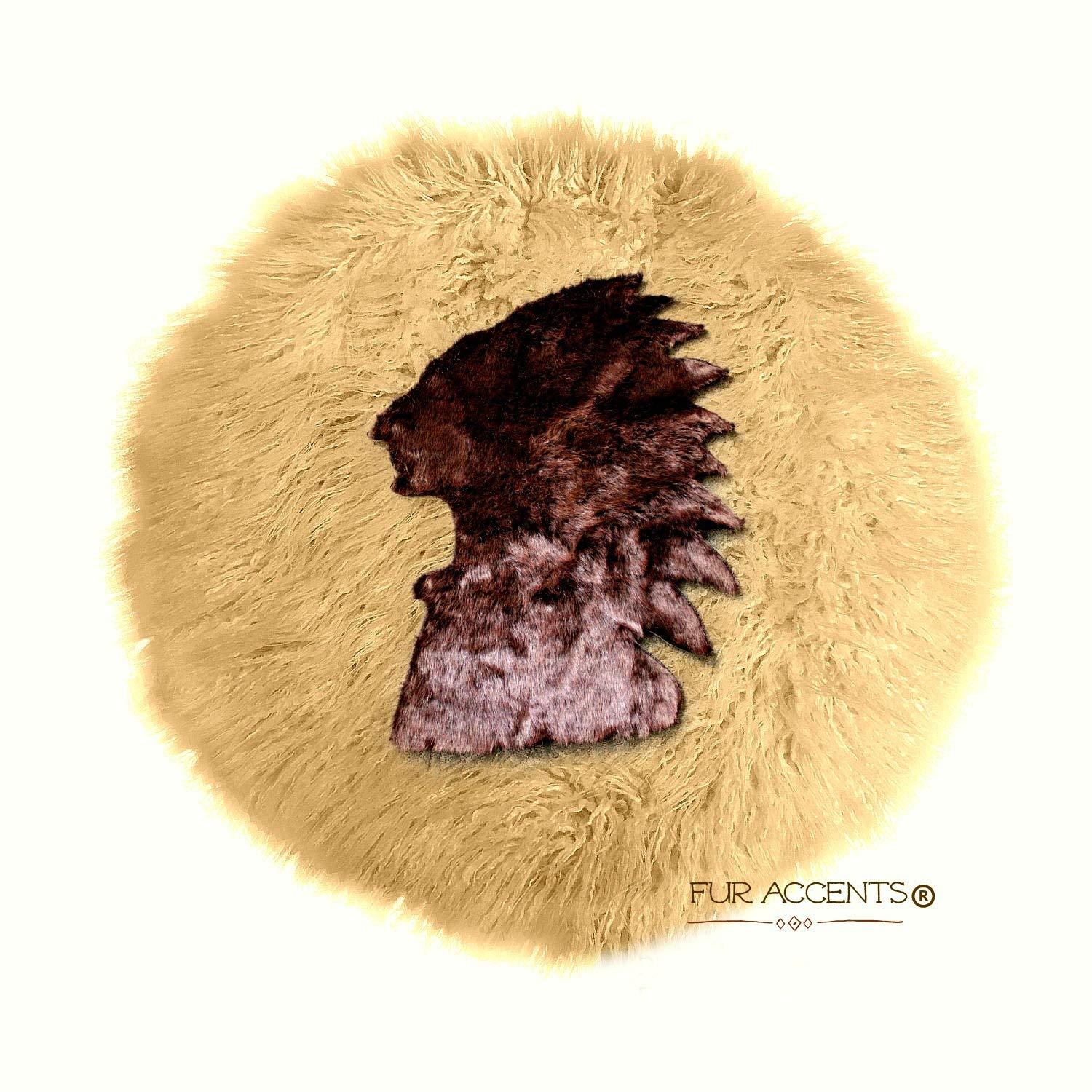 Fur Accents Indian Head Faux Fur Shag Area Rug Sheepskin Bear Skin Rug Fur Accents Art Rug Carpet (8' Round, Brown on Tan)