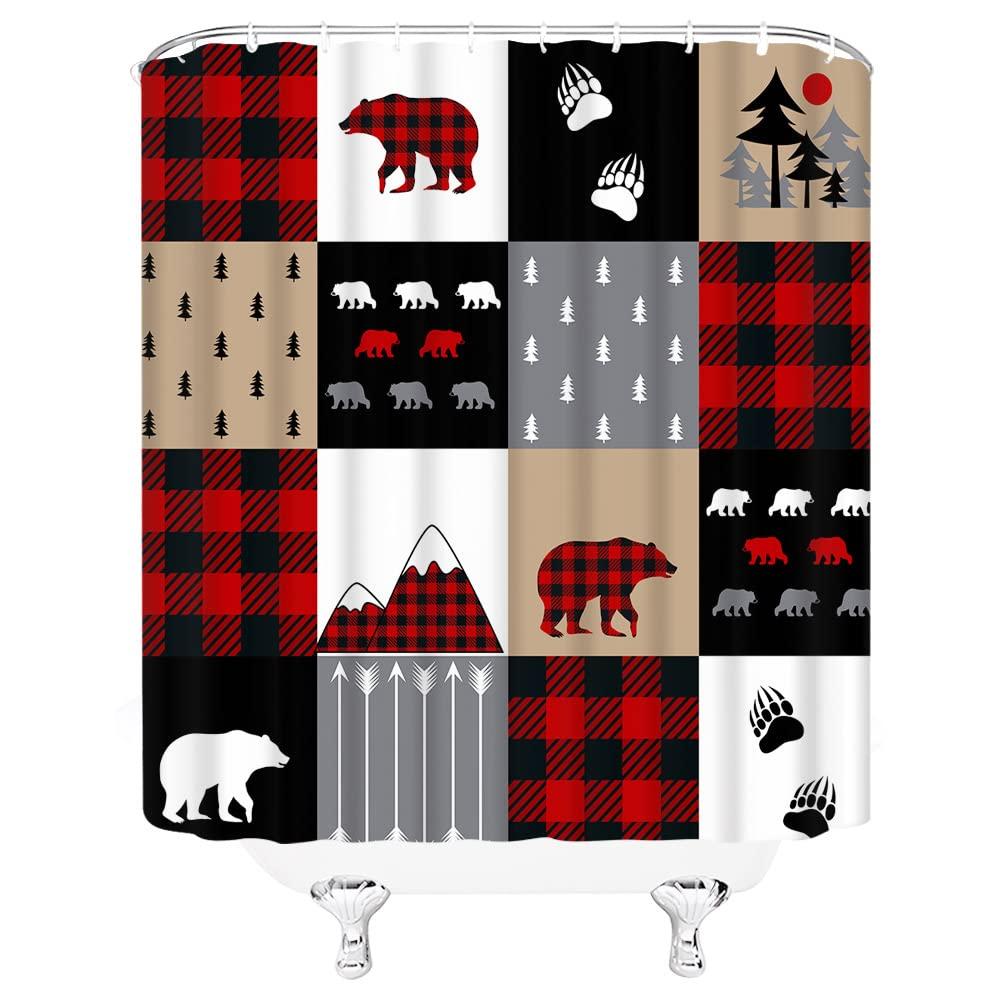 EDOMGNIH EDOMGNIH Rustic Bear Shower Curtain Red Black Buffalo Check Plaid Country Farmhouse Bear Hunting Forest Wild Animal Fabric Bathroom Decor Set with Hooks(67\" Wx70 H)