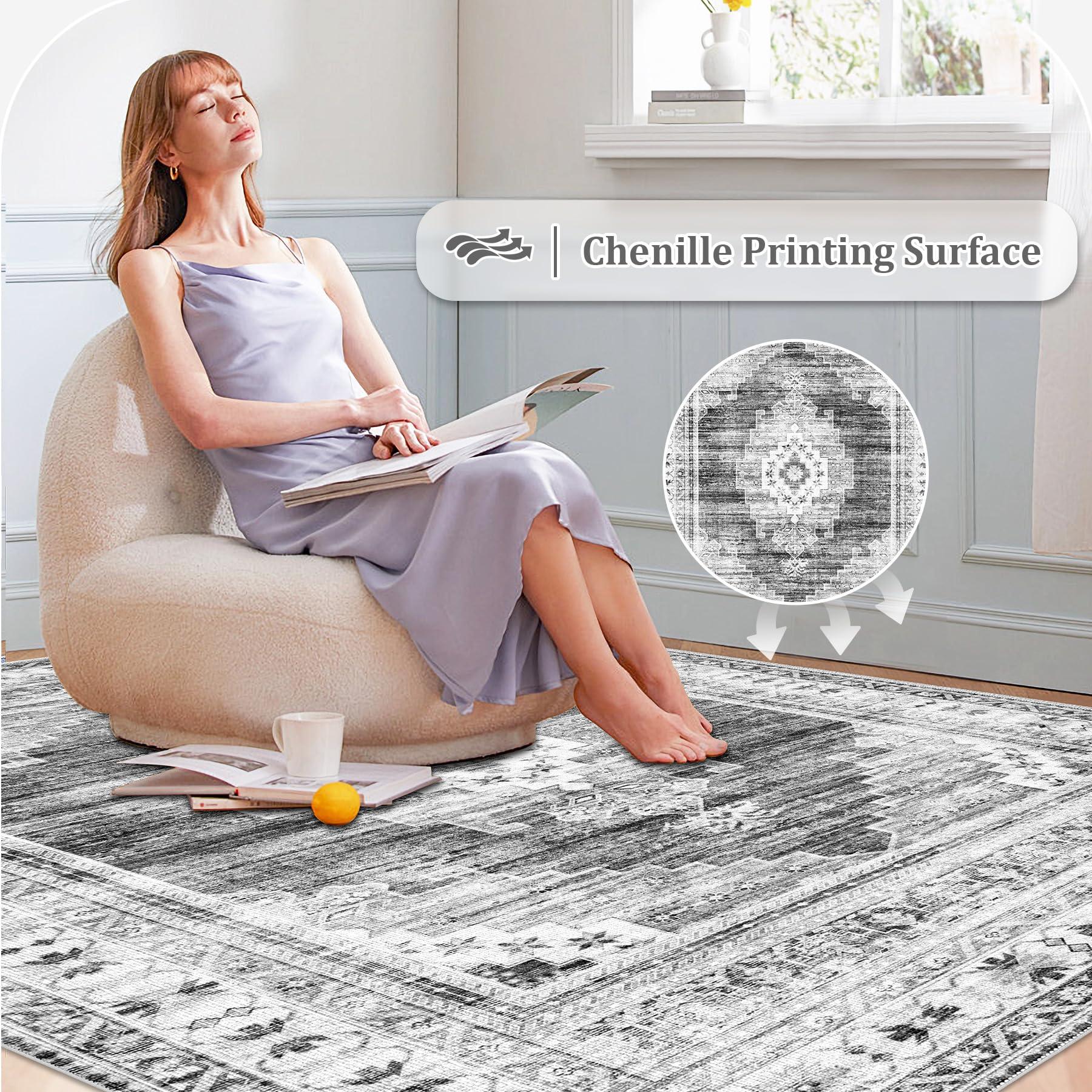 Zomfy Boho Area Rug 9x12 Large Rug: Washable Non-Slip Rugs Chenille Print Rug Soft Low-Pile Indoor Vintage Carpet for Living Room Bedroom Dining Table Kitchen Home Office(Grey, 9'x12')