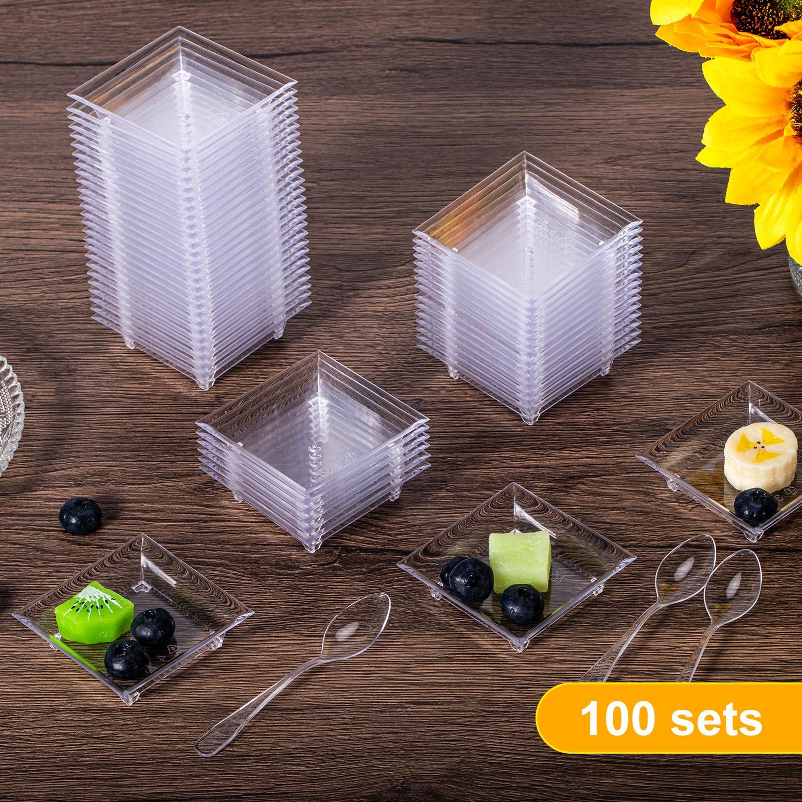 Yihurlm Yihurlm Mini Dessert Plates with Spoons,100 Pack 1 oz 2.4\" Mini Appetizer Plates,Reusable Crystal Clear Plastic Square Mini Plates for Desserts Appetizers Sauces Fruit Cake Tastings