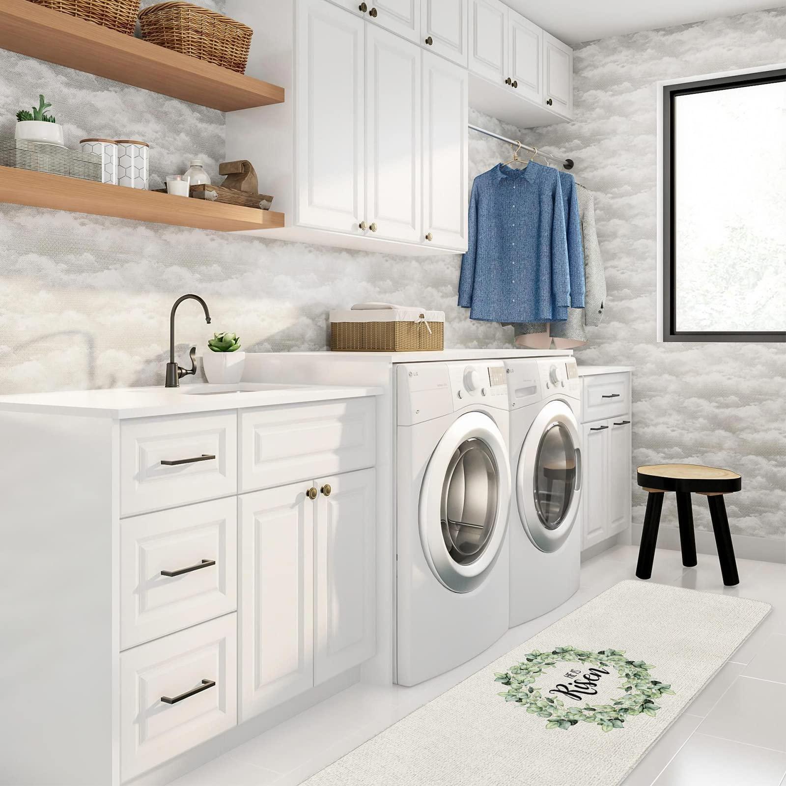 Carosoffe Easter Kitchen Rugs Set of 2 Floor Mats, Spring Eucalyptus Leaf Wreath Burlap Texture Kitchen Rugs and Mats Non Skid, Cushioned Comfort Standing Mats, 16"x24"+16"x48"