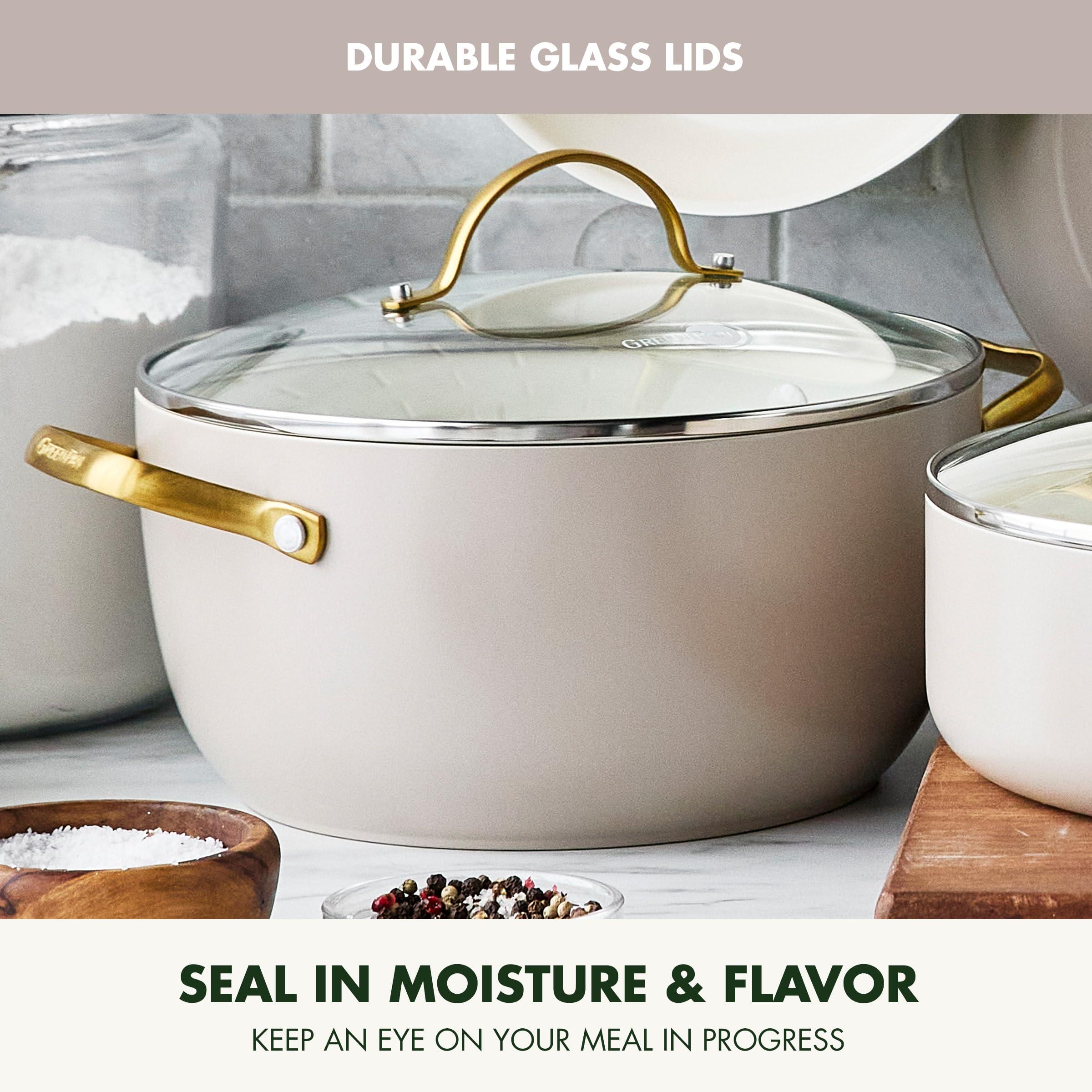 GreenPan GreenPan Reserve 10 Piece Cookware Set, Non-Toxic PFAS-Free Hard Anodized Healthy Ceramic Nonstick, Stainless Steel Gold Handle, Glass Lids, Dishwasher Safe, Oven & Broiler Safe, Taupe Brown