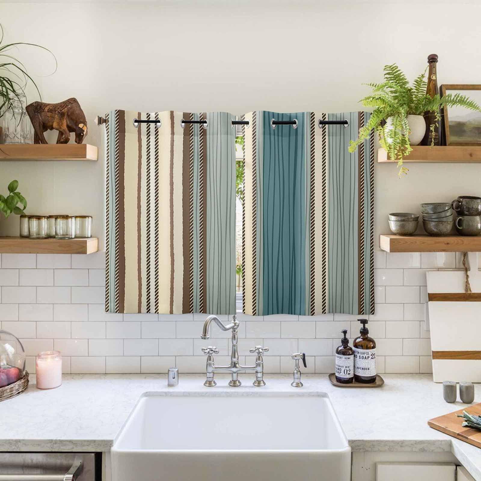 Shine-Home Window Curtains 72 Inches Length,Teal Blue Green Striped Boho 2 Panels Grommet Kitchen Cafe Curtains & Drapes Window Treatment for Living Room/Bedroom Antique Southwestern Native Pattern Tribal