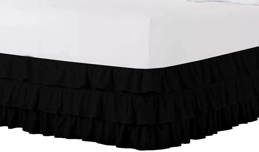 Canvas Craft Store 21 Inch Drop Full Size Black Solid Bed Skirt Split Corner Multi Ruffled Pattern Easy Fit Easy Care Fade & Wrinkle Resistant-Egyptian Cotton Made 1000 Thread Count Luxurious