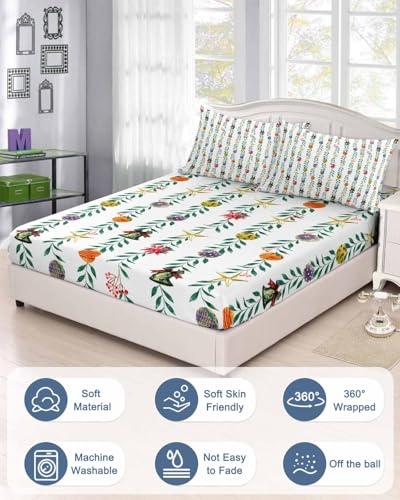 Chees D Zone Twin XL Fitted Sheet Deep Pocket Bed Sheets with Elastic, Christmas Colorful Bell Star Green Leaf Soft Brushed Microfiber Bed Sheet Set, Xmas Ornaments on White Mattress Cover with 2 Pillowcase