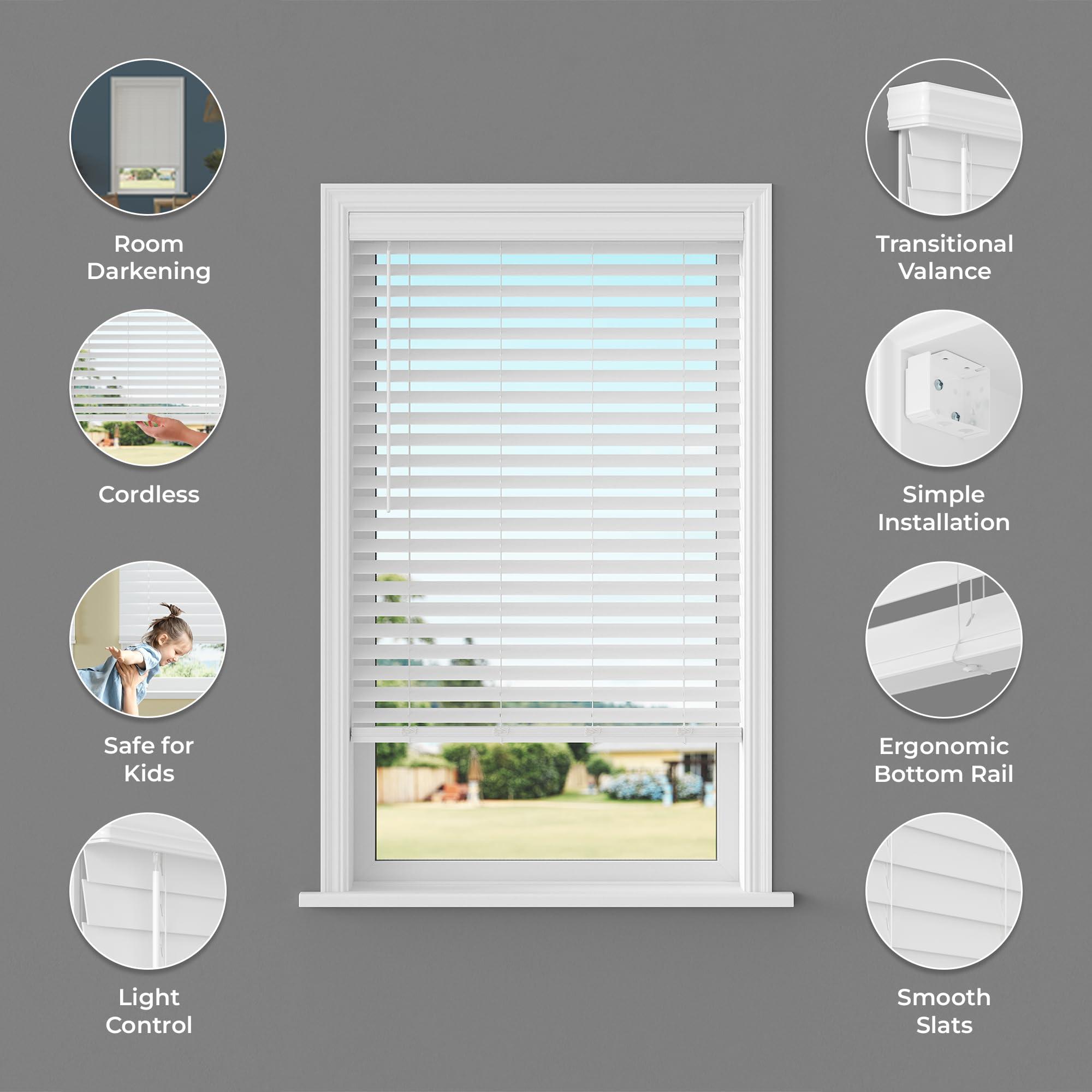 Lumino 2.5 Inch Cordless Faux Wood Blind, 60" W x 60" L - White Plantation Style Venetian Blinds, Over 400 Custom Sizes Starting at 29.97, Room Darkening Shades for Interior Windows by Lumino