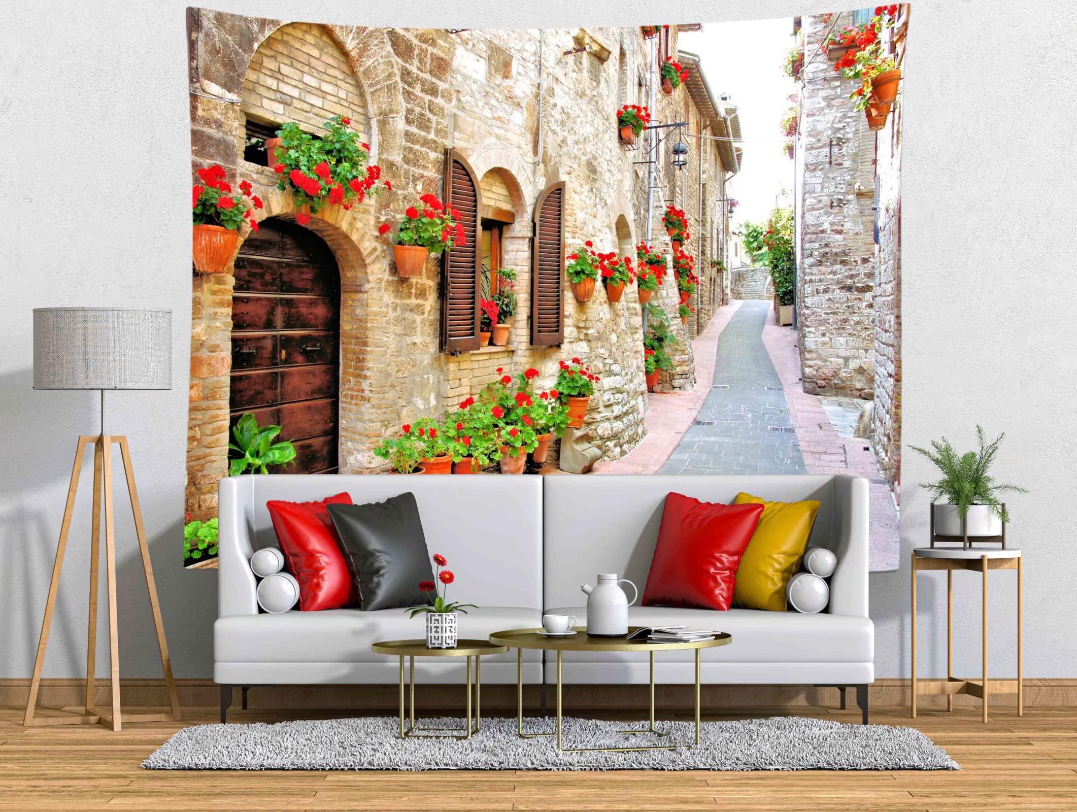 Loccor Loccor 5x3ft Italy Tapestry Photography Backdrop Summer Small Town Street City Street Scenery Wall Art Large Nature Wall Hanging for Men Women Living Room Bedroom Restaurant Decorations