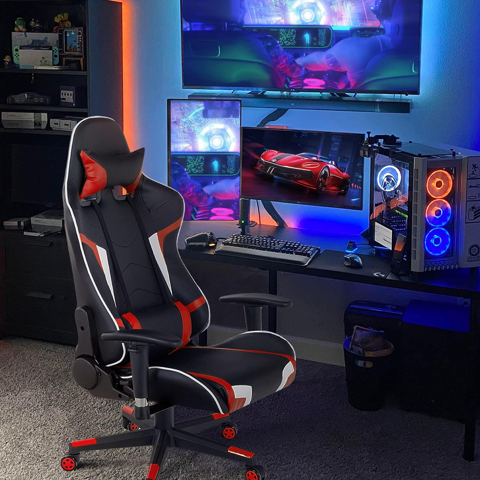 GYMAX GYMAX Gaming Chair, Massage Gaming Chairs for Adults with Headrest, Lumbar Support & Armrest, Video Computer Reclining Gaming Chair, Office Desk Gamer Task Chair (Red)