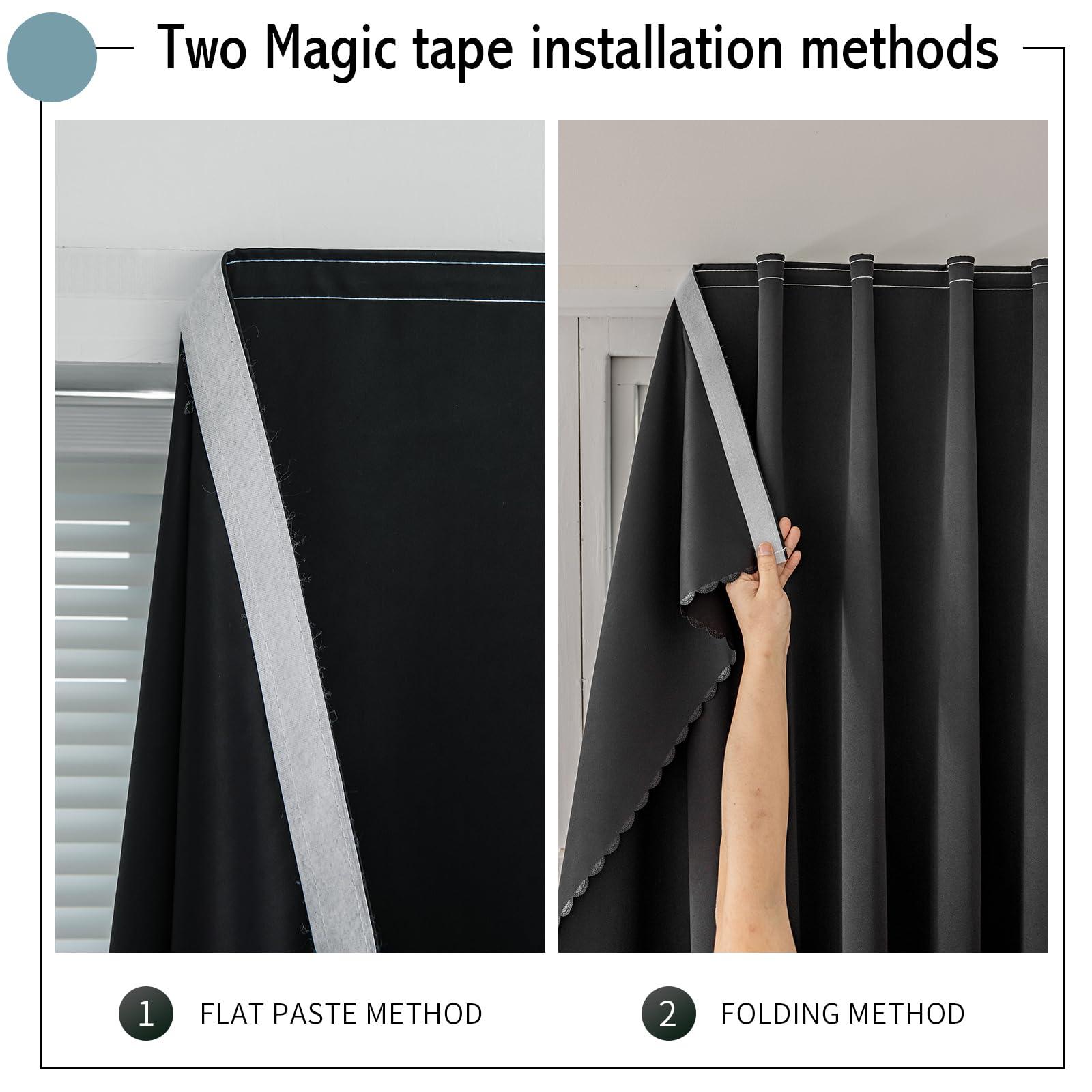 Jilron Jilron Magic Tape Stick on Curtains Blackout Curtains for Bedroom no Drillng Self Adhesive Curtain no Rod Small Window (Black, 35" W x 59" L) 2 Panels