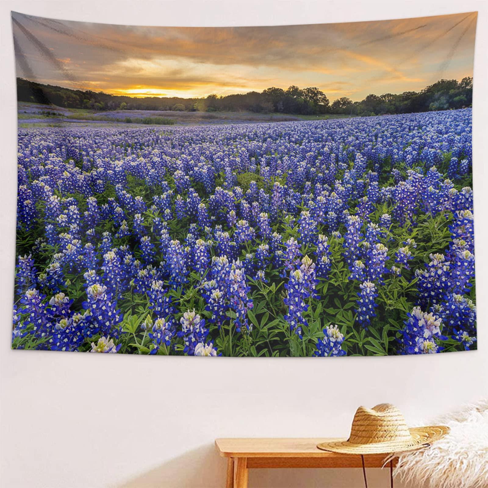 Runva Sunset Tapestry Wall Hanging Funny Tapestries Beautiful Bluebonnets Field At Sunset Near Austin Texas Wall Tapestry Living Room Dorm Decor Tapestry For Bedroom Aesthetic 6040 In