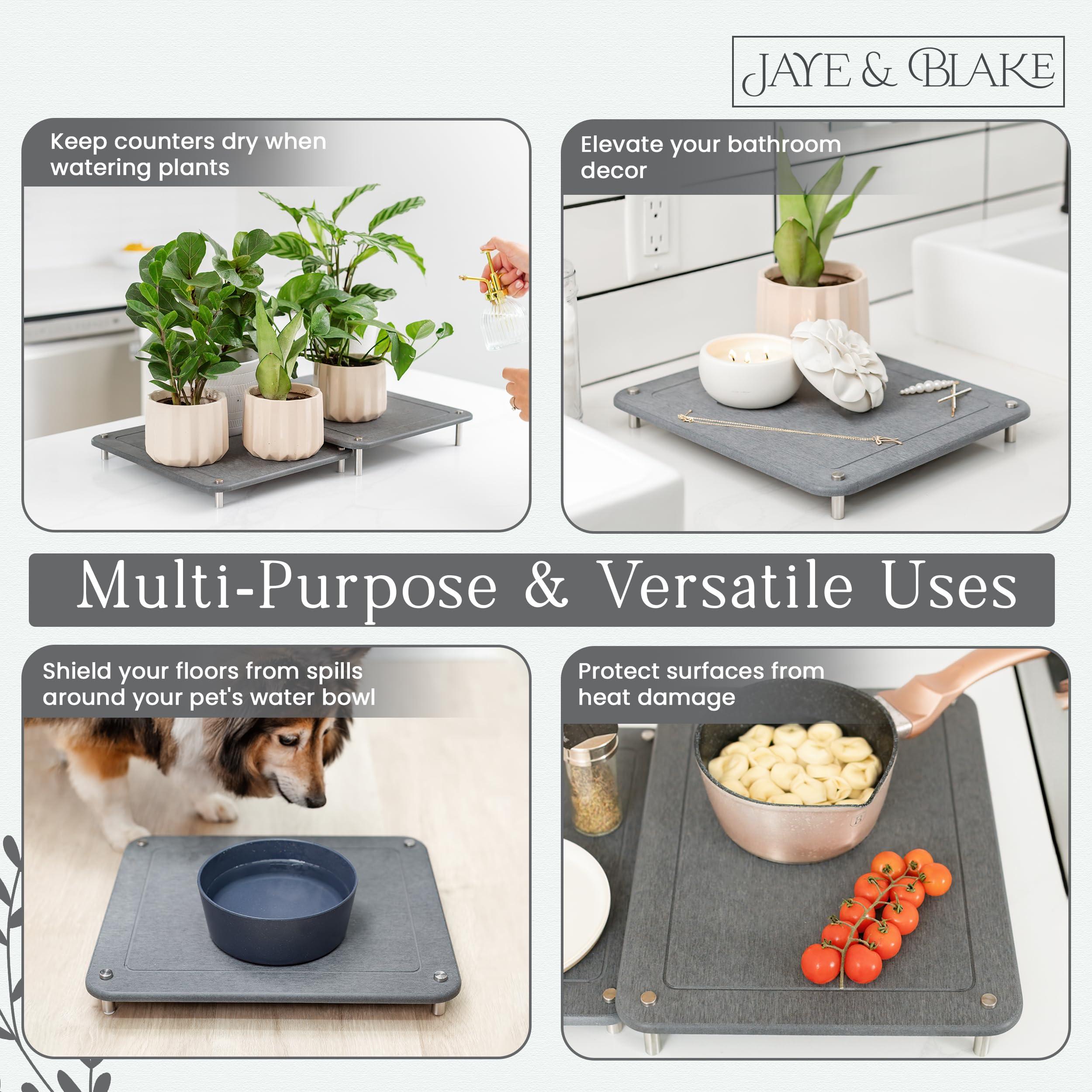 JAYE & BLAKE 2 PCs Nesting Stone Dish Drying Mats for Kitchen Counter - Absorbent Quick Drying Diatomaceous Earth Stone Drying Mat with Non-Slip Feet - Heat Resistant & Odorless Dish Drying Stone Mat - Gray Solid