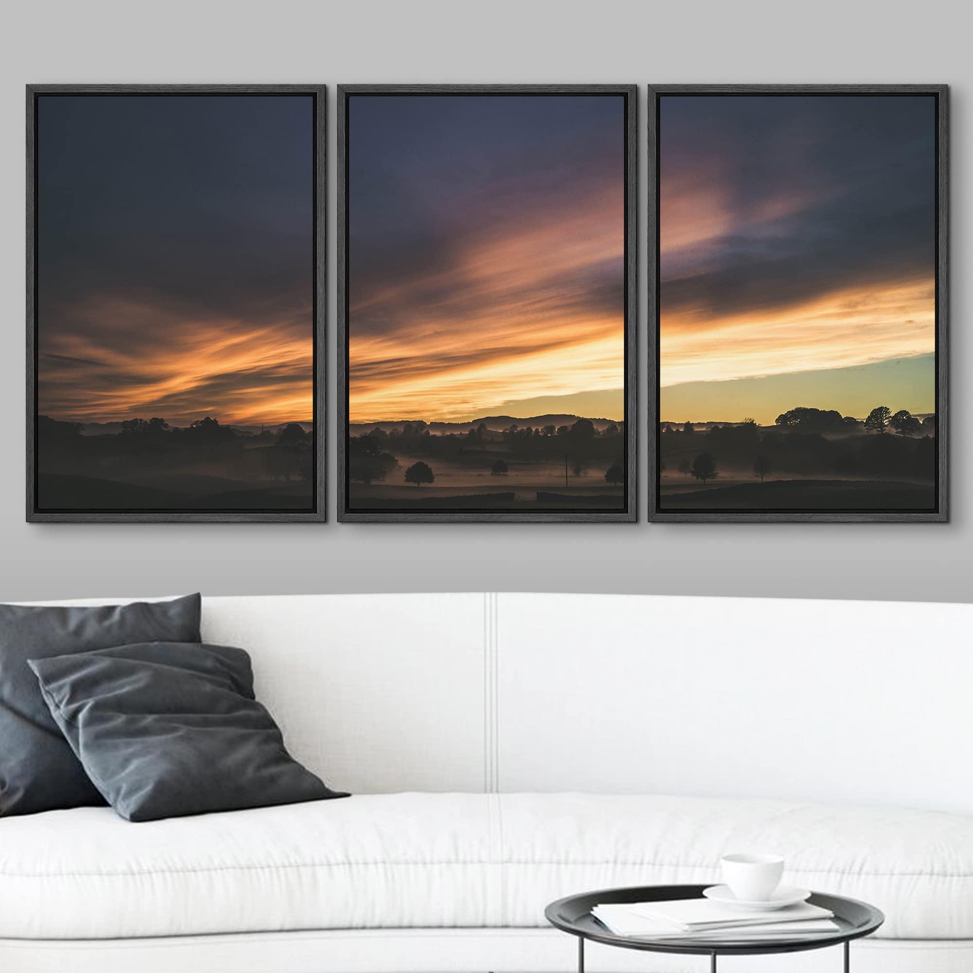 wall26 wall26 - 3 Piece Framed Canvas Wall Art - Landscape with Trees at Dusk - Modern Home Art Stretched and Framed Canvas Ready to Hang - 24\"x36\"x3 Black