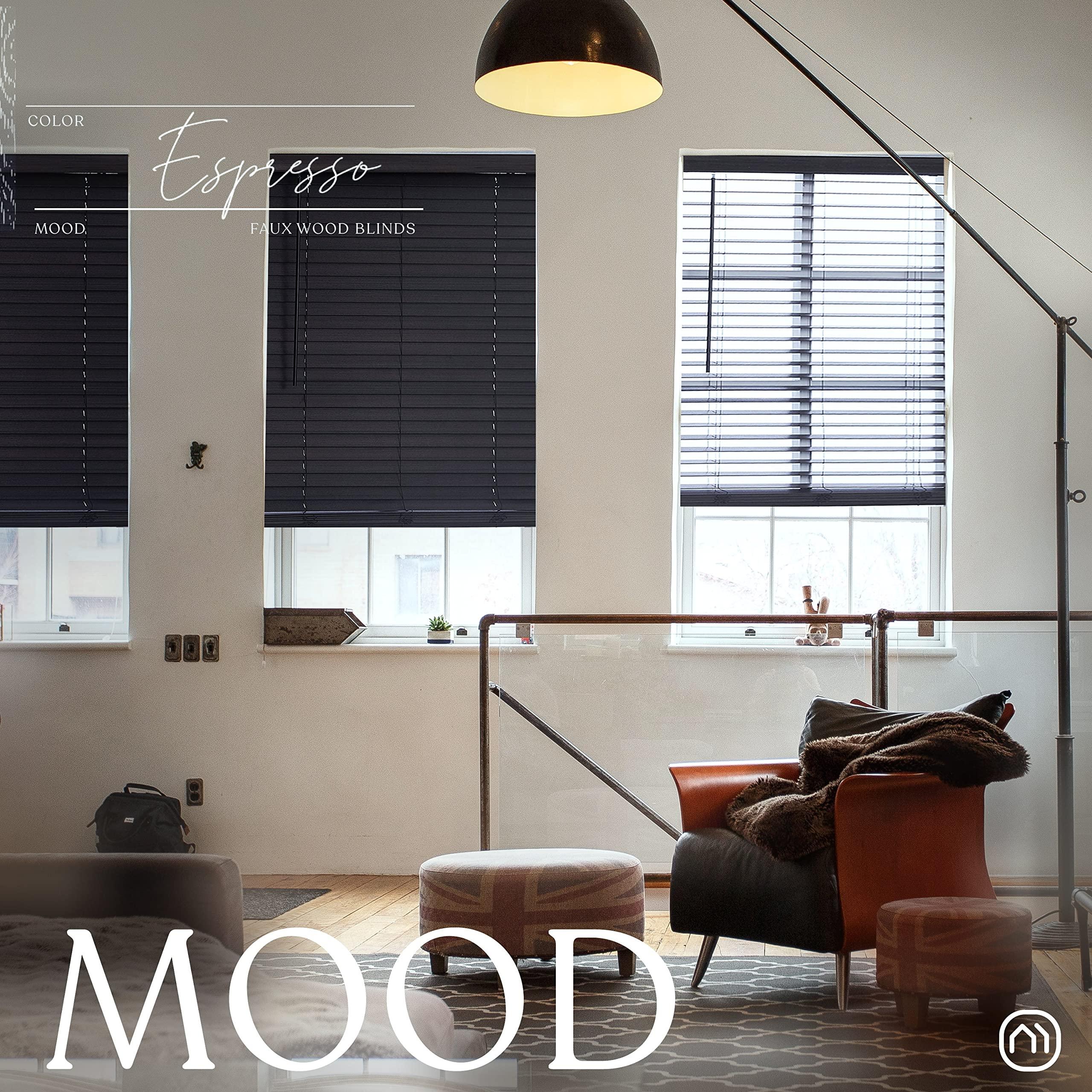 Mood MOOD Architectural Faux Wood Window Blinds | Driftwood Dark Brown 2 inch Expresso Wooden Blinds | 25.5 inch Wide Blinds for Windows | Custom Made Cordless Blackout | Espresso | 25.5" Wide x 72" Tall