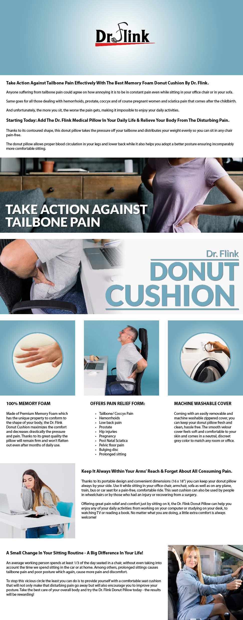 Dr. Flink Donut Pillow Hemorrhoid Seat Cushion - Orthopedic Memory Foam – Contoured Luxury Comfort, Pain Relief and Supports Prostate, Pregnancy, Post Natal Sciatica Coccyx, Surgery & Tailbone Pressure Dr Flink