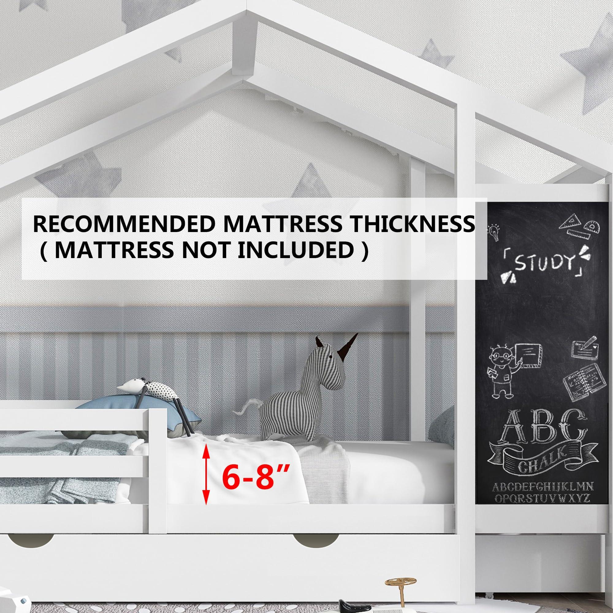 HUMEHA HUMEHA Twin House Bed with Drawers, Kids Platform Bed Frame with Blackboard, Montessori House Bed with Slats and Roof for Teens Girls Boys, 80.1\" L x 41.9\" W x 72\" H, White