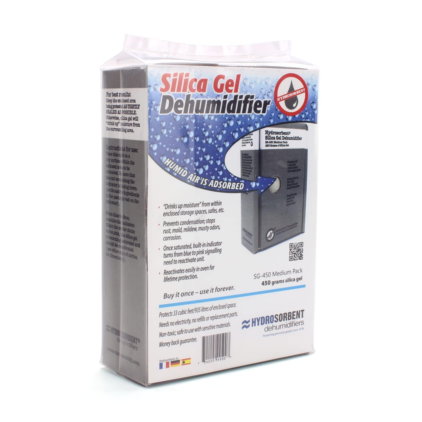HYDROSORBENT HYDROSORBENT Gun Safe Dehumidifier Rechargeable Silica Gel 450 Gram Carton. Moisture Absorber. Reusable Desiccant Dehumidifier for Gun Safe Made in USA Silica Gel Desiccant. 1 Unit - SG450