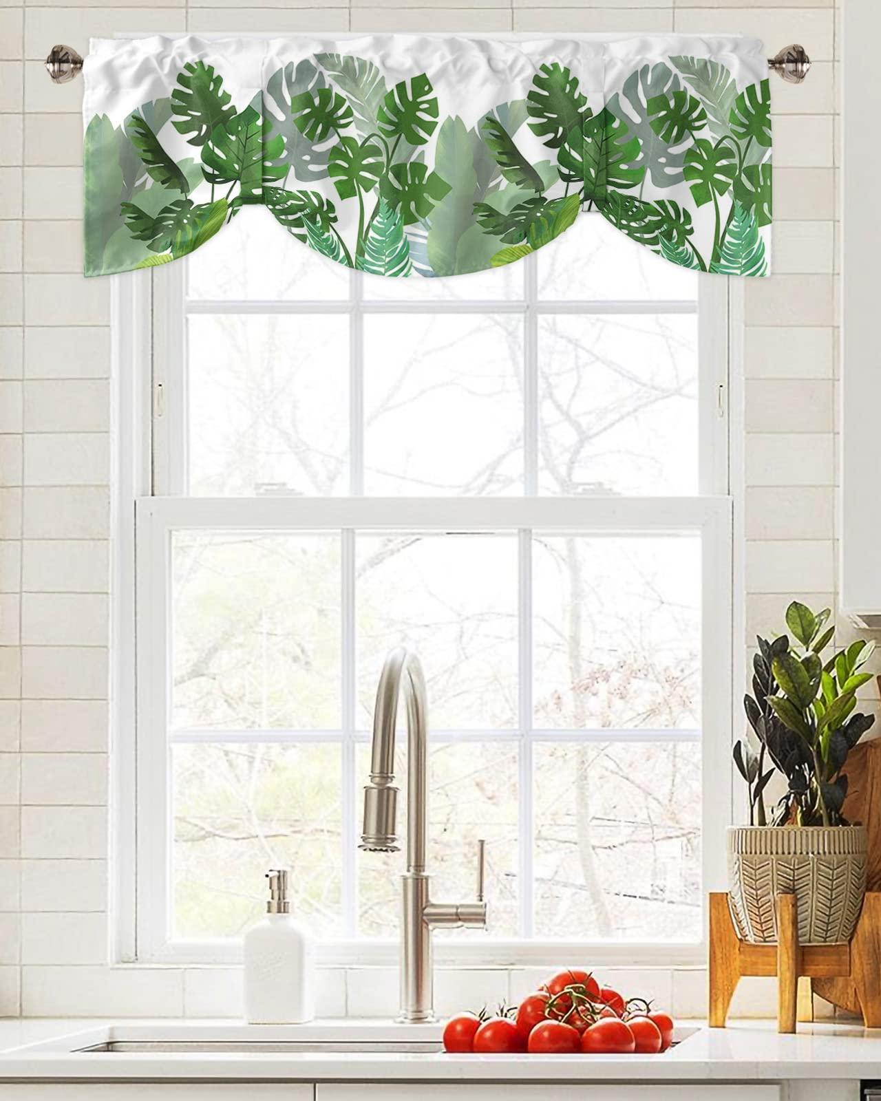 Chees D Zone Tie Up Valance Curtain for Kitchen,Monstera Summer Green Leaf Rod Pocket Short Curtains Adjustable Tie-Up Shade Valances,Tropical Plants Foliage on White Window Treatment for Bathroom 42x18in