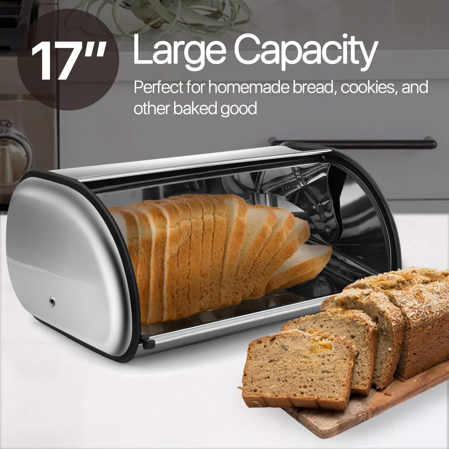 Flexzion Flexzion Stainless Steel Bread Box For Kitchen Countertop (17 inch) Metal Roll Up Top Lid Storage Container Bin Keeper for Cake Buns Toasts Loaves Pastries Pancakes, Ideal for Restaurant Home Kitchen